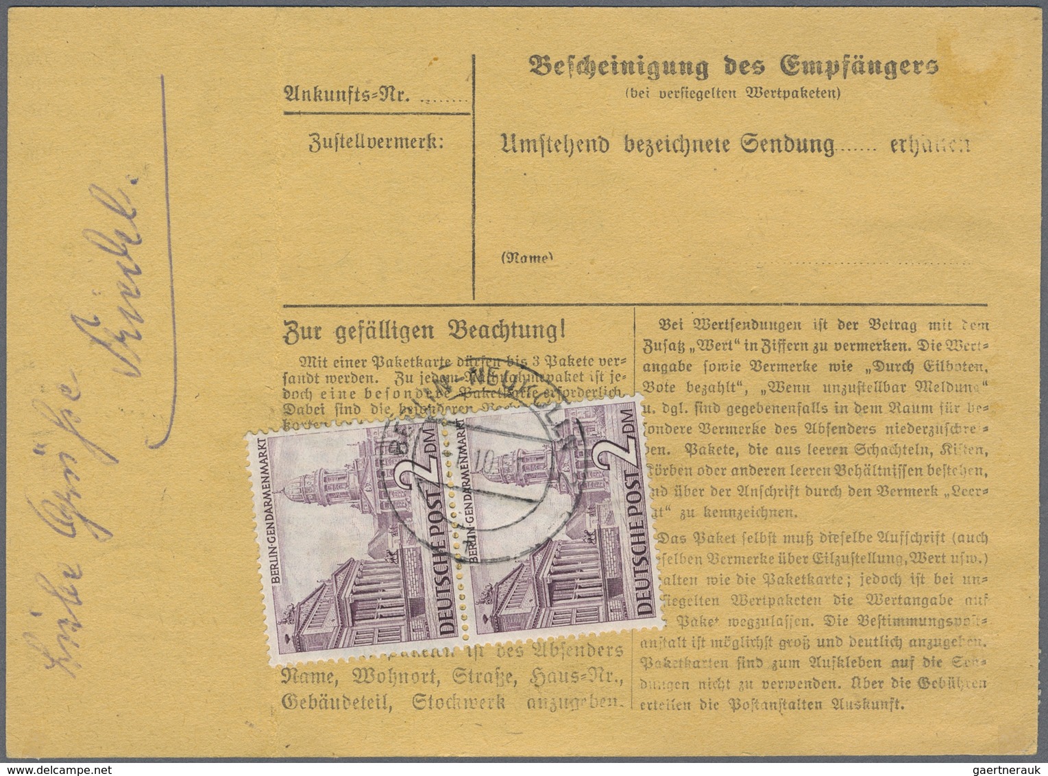 Br Berlin: 1951: Paketkarte Inland über 11 Kg. Mit LUFTPOST, Gebühr DM 14,30 Mit 30 Pf. 2 X 2.- Und 2 X - Sonstige & Ohne Zuordnung