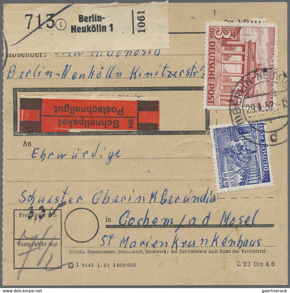 Br Berlin: 1952: Paketkarte (Bugsp.) Für Ein Schnellpaket  7,5 Kg  In Die 4. Zone  375 – 750 Km – Gebüh - Altri & Non Classificati