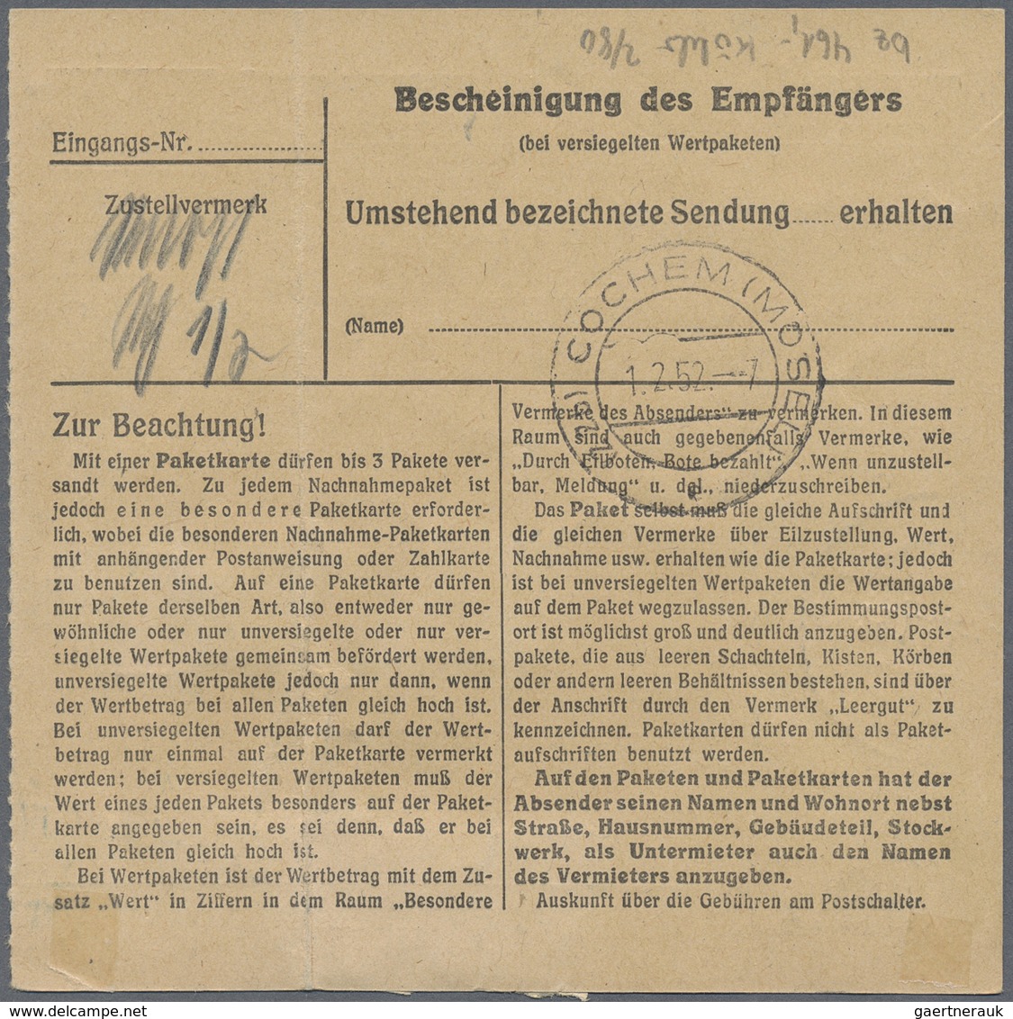 Br Berlin: 1952: Paketkarte (Bugsp.) Für Ein Schnellpaket  7,5 Kg  In Die 4. Zone  375 – 750 Km – Gebüh - Altri & Non Classificati