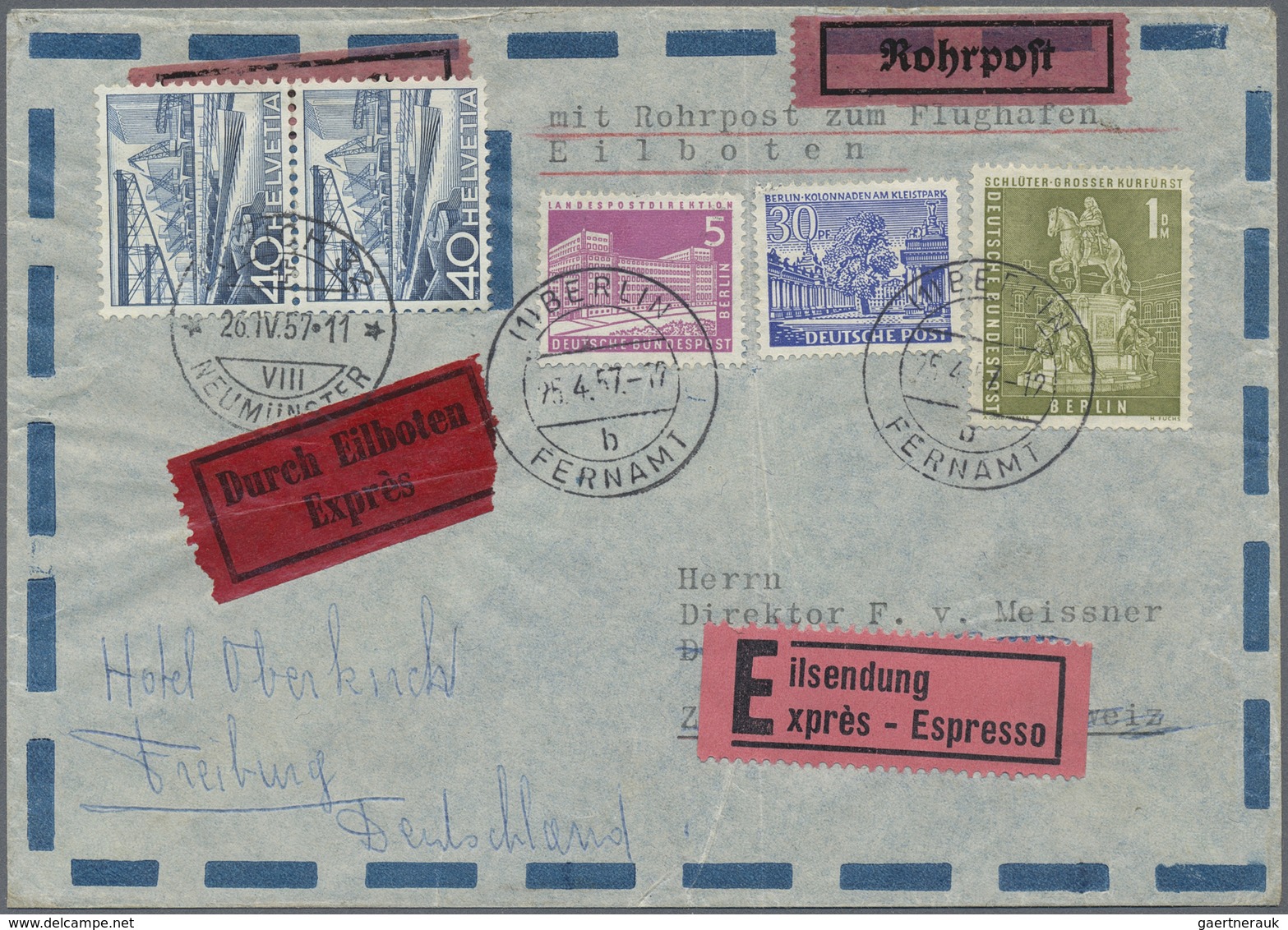 Br Berlin: 1957: Auslandsbrief Im Tarif III Mit Luftpost Europa Und Rohrpost Zum Flughafen Und Eilzuste - Sonstige & Ohne Zuordnung