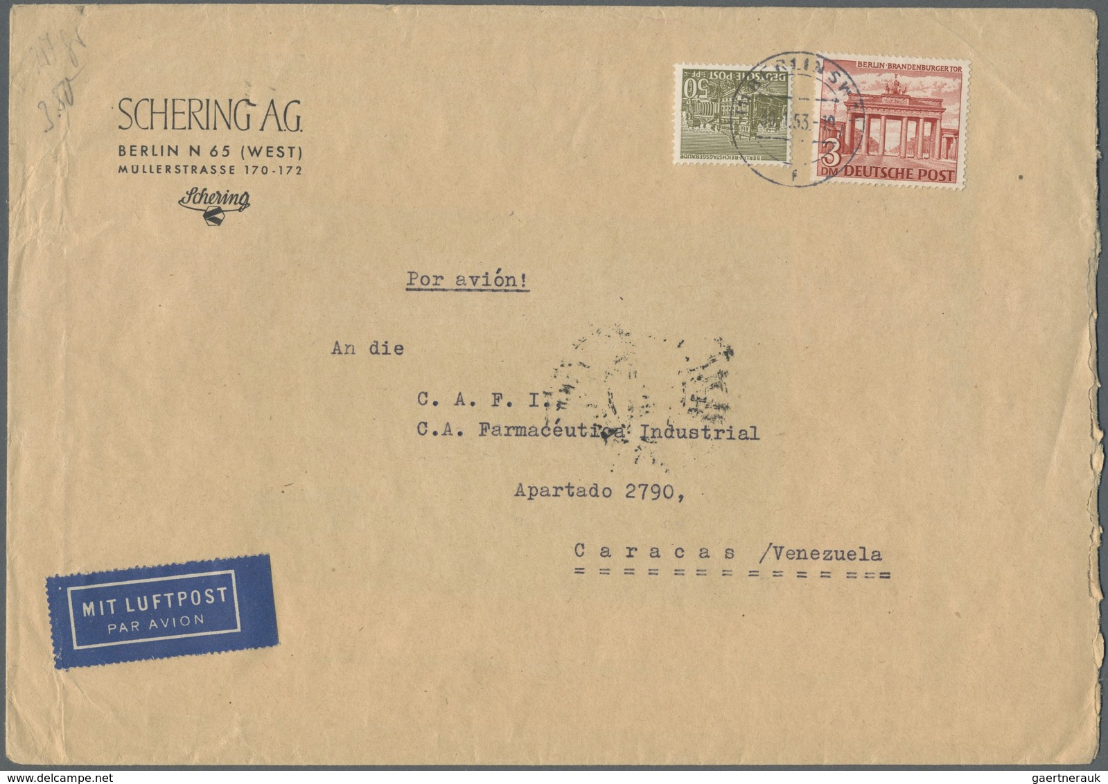 Br Berlin: 1953: Umschlag Ca. 23 X 16 Cm Firma Schering AG Als Luftpostbrief 27 Gramm Mit 50 Pf. Und 3. - Sonstige & Ohne Zuordnung