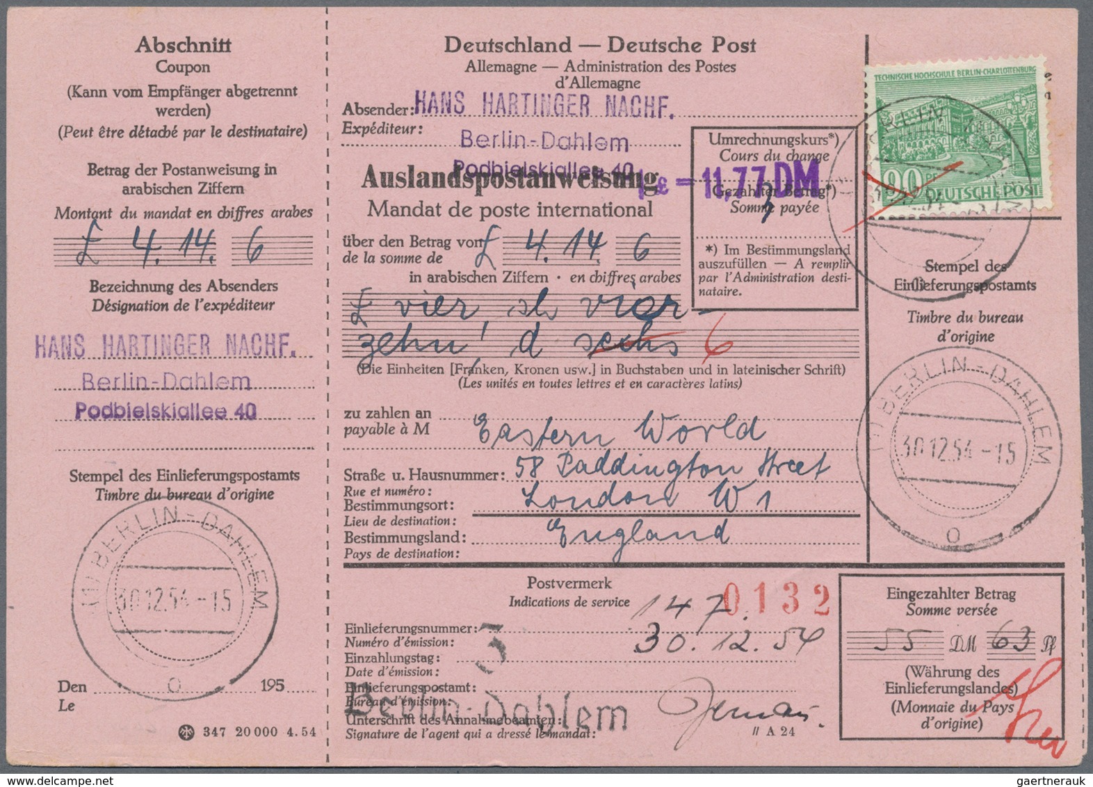 Br Berlin: 1949, 90 Pf Lebhaftgrün, Portogerechte EF Auf Auslandspostanweisung über 55,63 DM Von Berlin - Autres & Non Classés