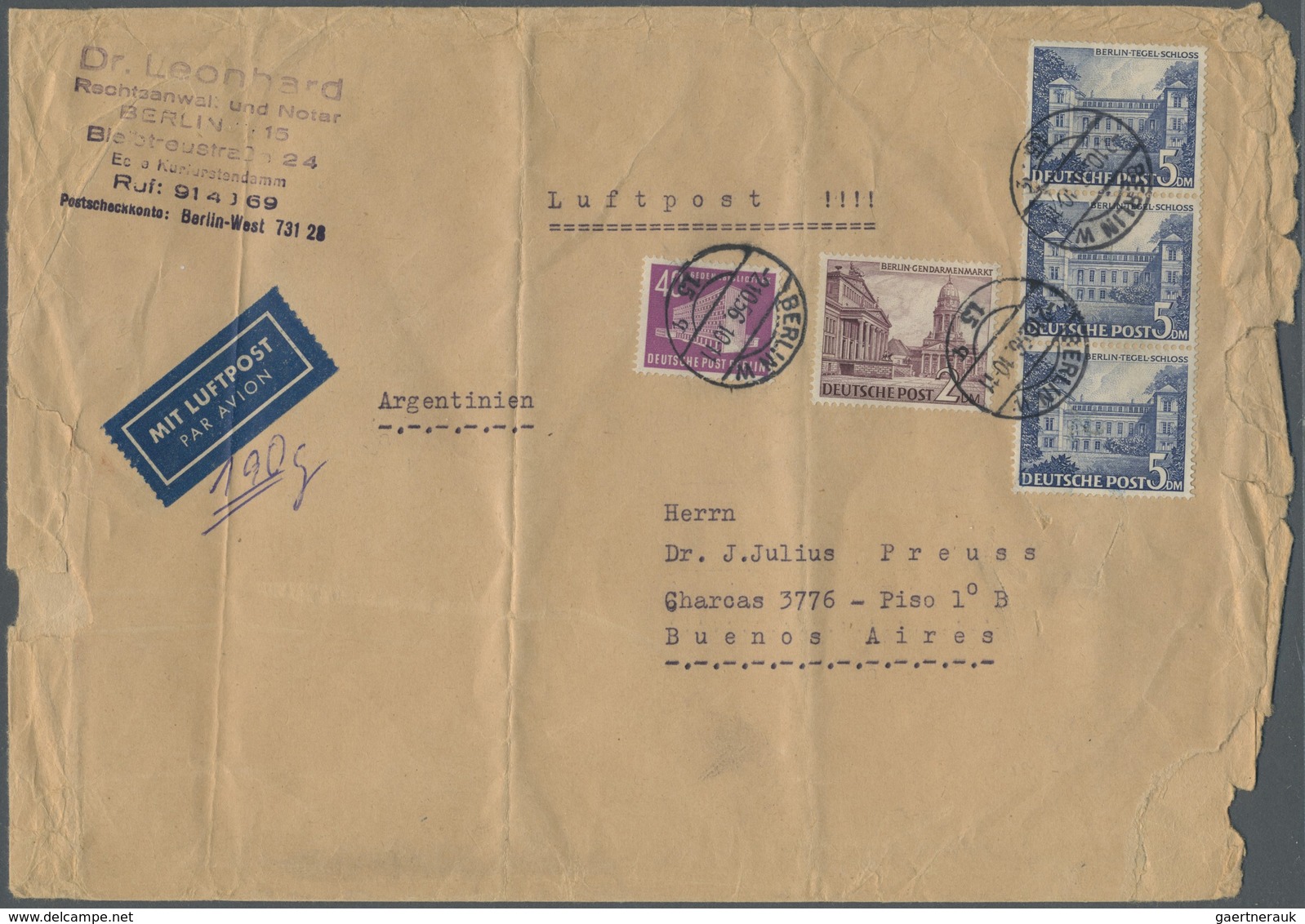 Br Berlin: 1956: Umschlag Ca. 23,5 X 16 Cm Als Luftpostbrief 190g Nach Buenos Aires, Argentinien. Ausla - Altri & Non Classificati