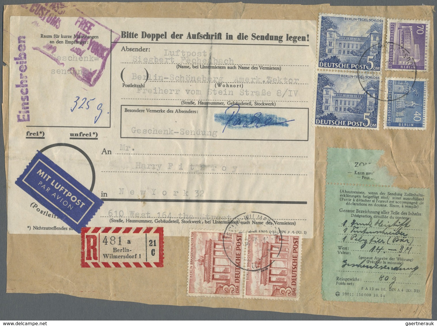 Br/Brfst Berlin: 1957: Anschriftteil Luftpostbrief Einschreiben 325 Gramm Ca. 21 X 15 Cm Ab Berlin-Wilmersdor - Sonstige & Ohne Zuordnung