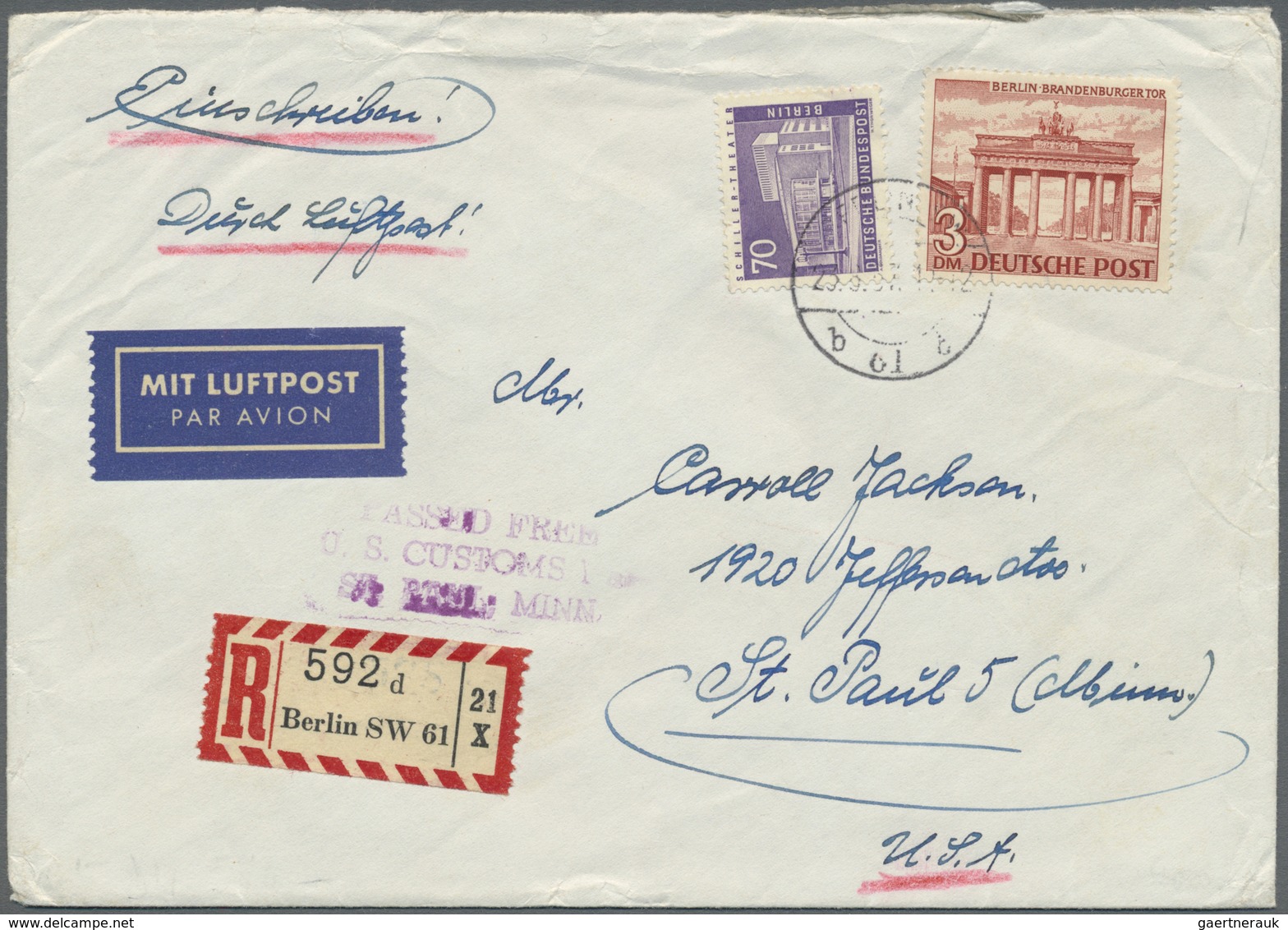 Br Berlin: 1957: Luftpostbrief, Verm. 56 – 60 Gramm, Mit Einschreiben Im Tarif III DM 3,70 Mit 3.- DM B - Altri & Non Classificati