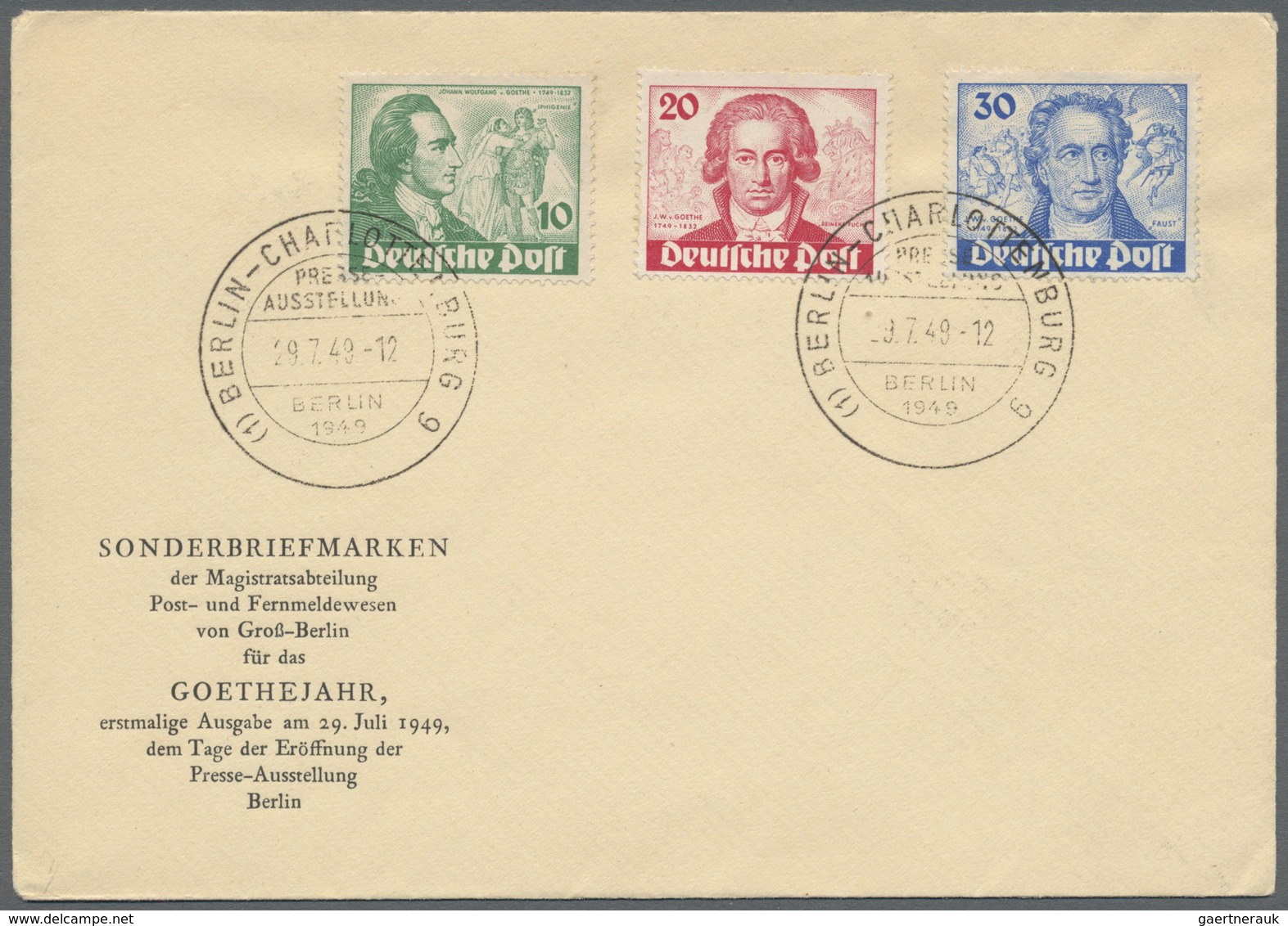 Berlin: 1949, 200. Geb. Goethe Kompletter Satz Auf Amtlichen FDC Mit Ersttags-Sonderstempel. - Sonstige & Ohne Zuordnung