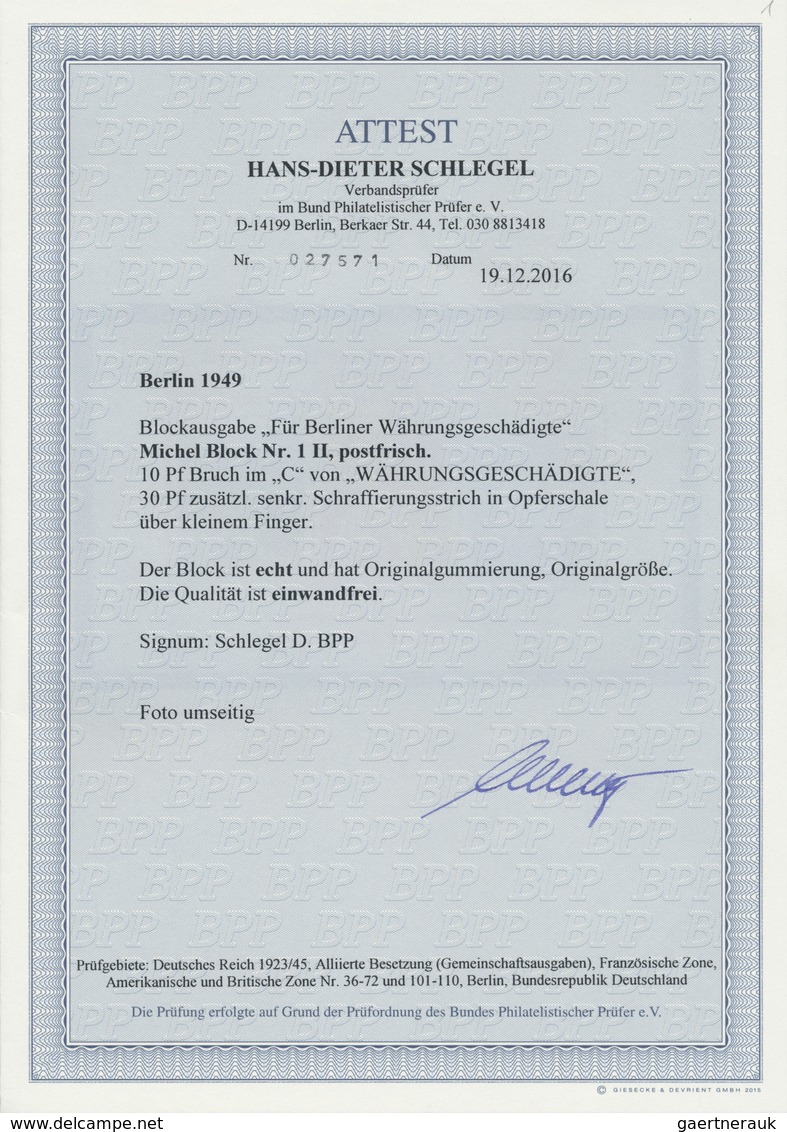 ** Berlin: 1949, Währungsgeschädigten-Block, Postfrisch Mit Plattenfehlern Beim 10 Pf.-Wert 'Bruch Im C - Altri & Non Classificati