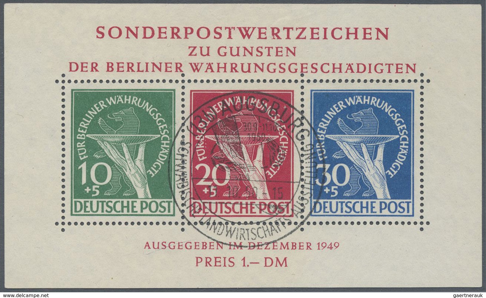 O Berlin: 1949, Währungsgeschädigten-Block Tadellos Mit Sonderstempel "AUGSBURG", Mi 2.200.- - Altri & Non Classificati