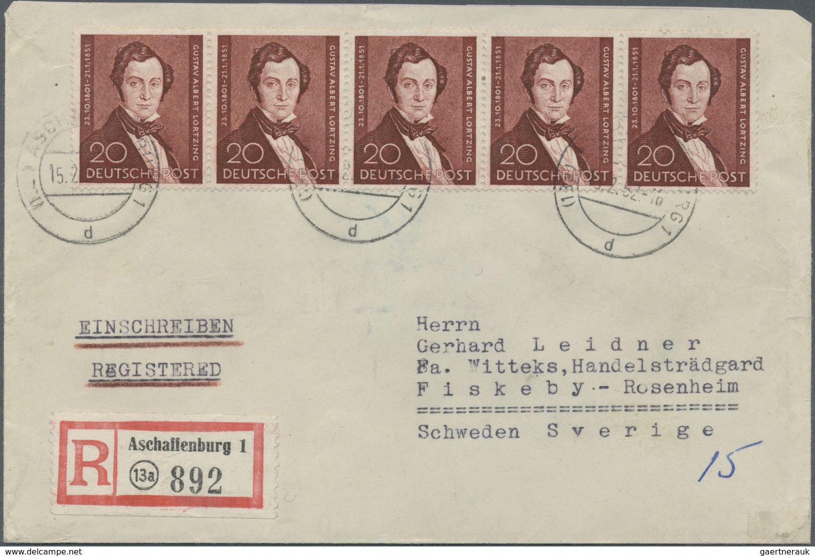 Br Berlin: 1952, Waagerechter Luxus-5er-Streifen 20 Pfg. Lortzing, Als Seltene MEF Auf R-Brief Nach Sch - Sonstige & Ohne Zuordnung