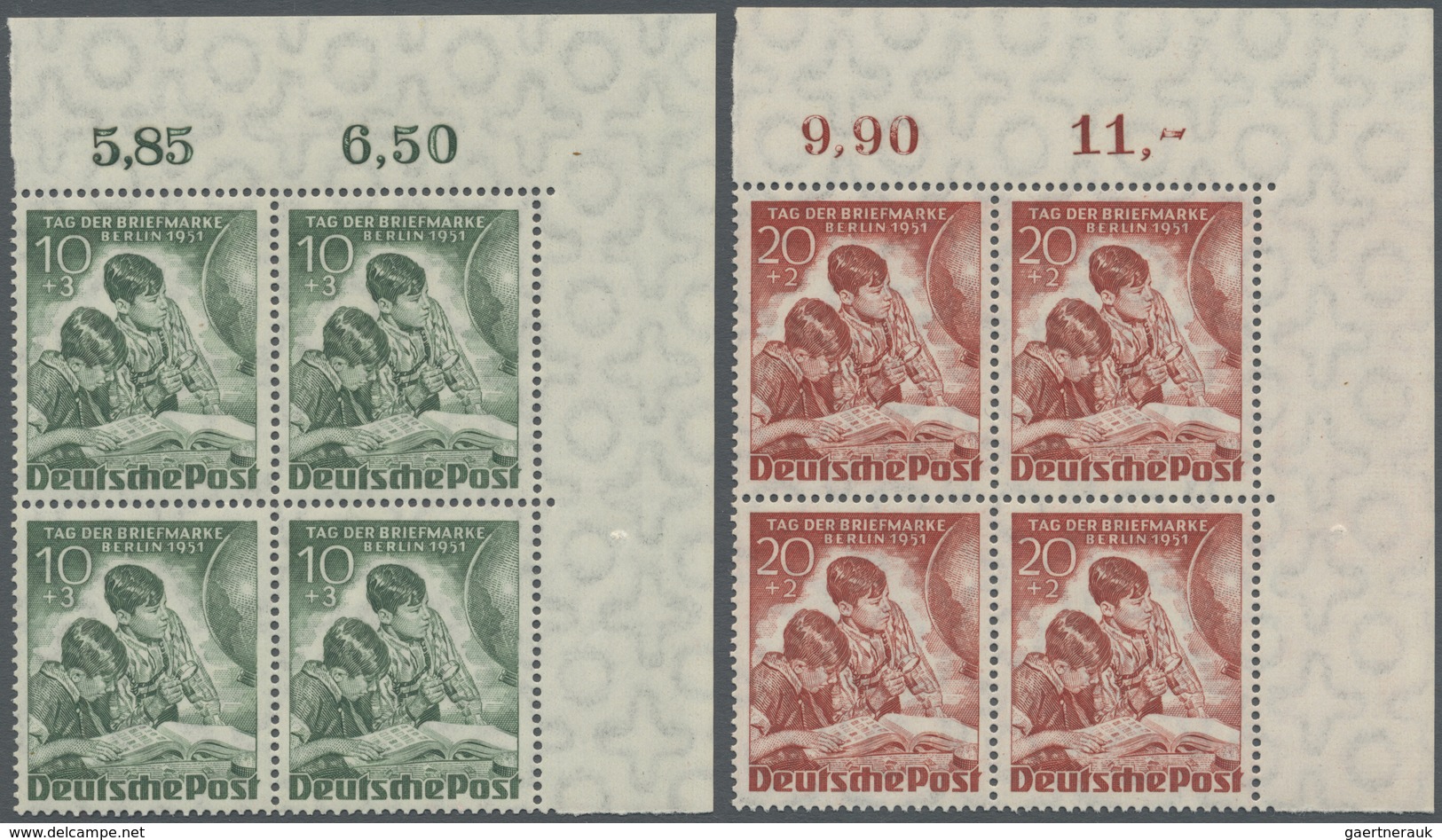 ** Berlin: 1951, Tag Der Briefmarke Als Zwei Postfrische 4er-Blocks Aus Der R.o. Bogenecke - Altri & Non Classificati