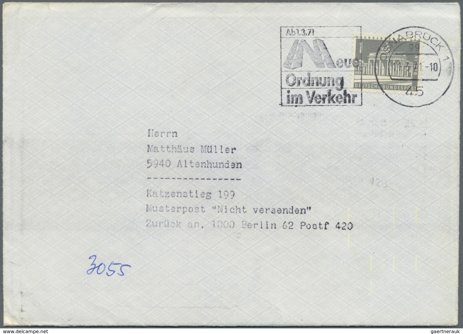 Br Berlin: 1962, 1 Pf Grau Brandenburger Tor A. Fluoreszierendem Papier, Einzelfrankatur Auf VERSUCHS-B - Altri & Non Classificati