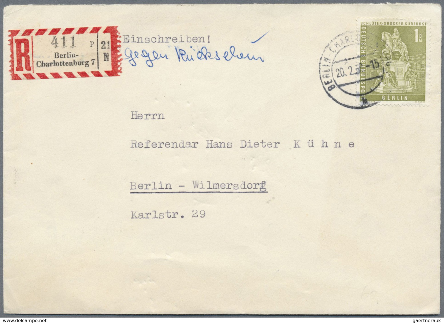 Br Berlin: 1958, 20.2.: Portogerechtes Ortseinschreiben Gegen Rückschein Mit Einzelfrankatur 1 DM Große - Sonstige & Ohne Zuordnung