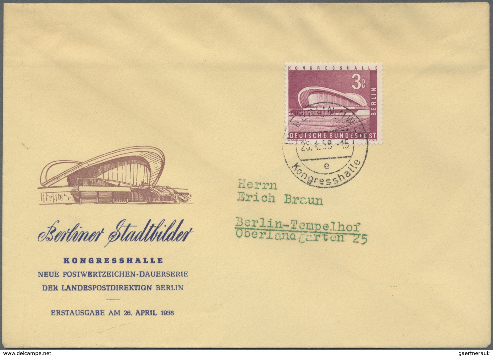 Berlin: 1958, 3 DM Kongresshalle Auf Amtlichem FDC "(1) BERLIN NW 40 E Kongresshalle 26.4.58" - Sonstige & Ohne Zuordnung