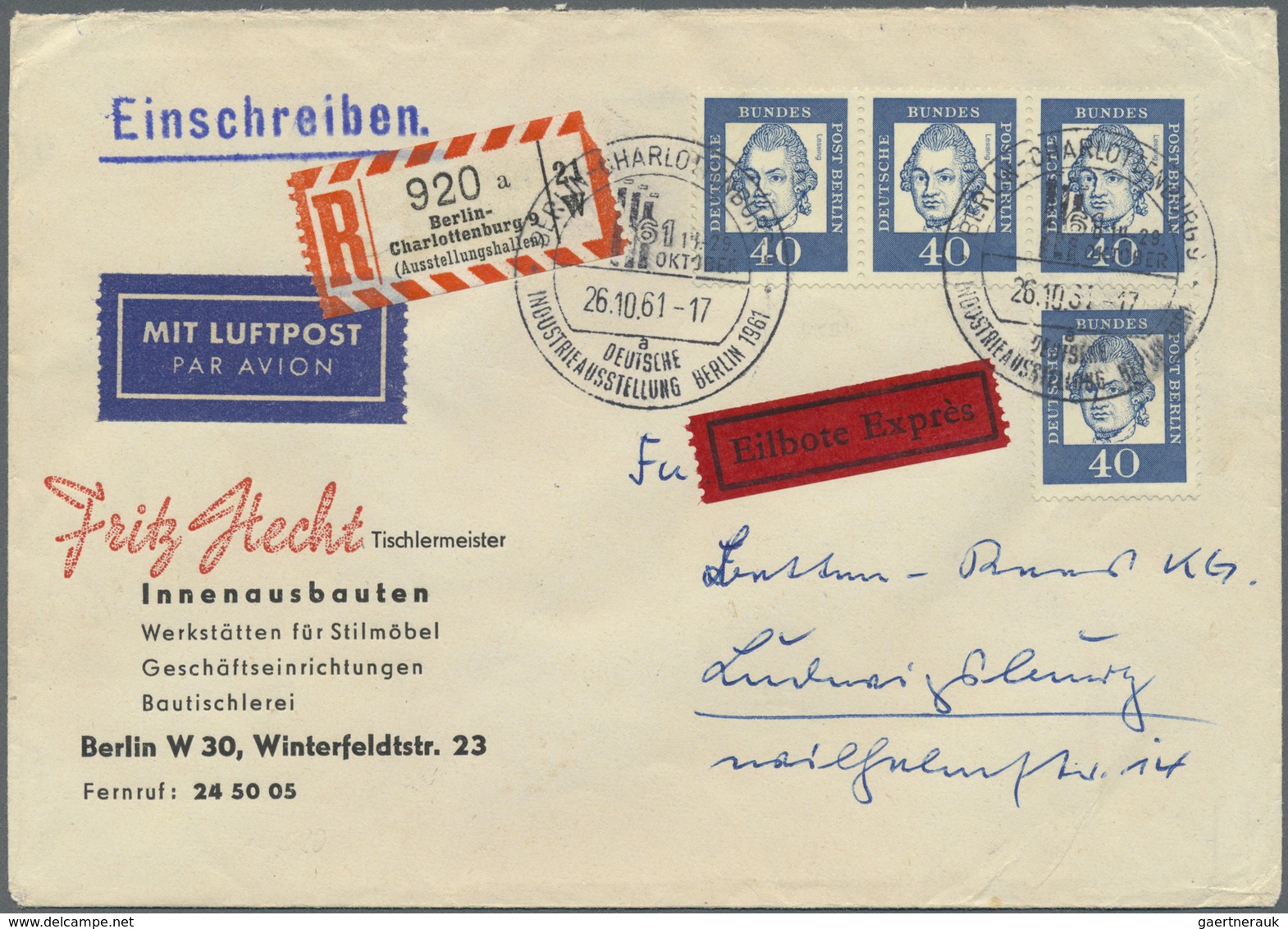 Br Berlin: 1961, 40 Pf Dkl'blau, 4 Stück Incl. Waager. Dreierstreifen Als Portogerechte MeF Auf Luftpos - Sonstige & Ohne Zuordnung
