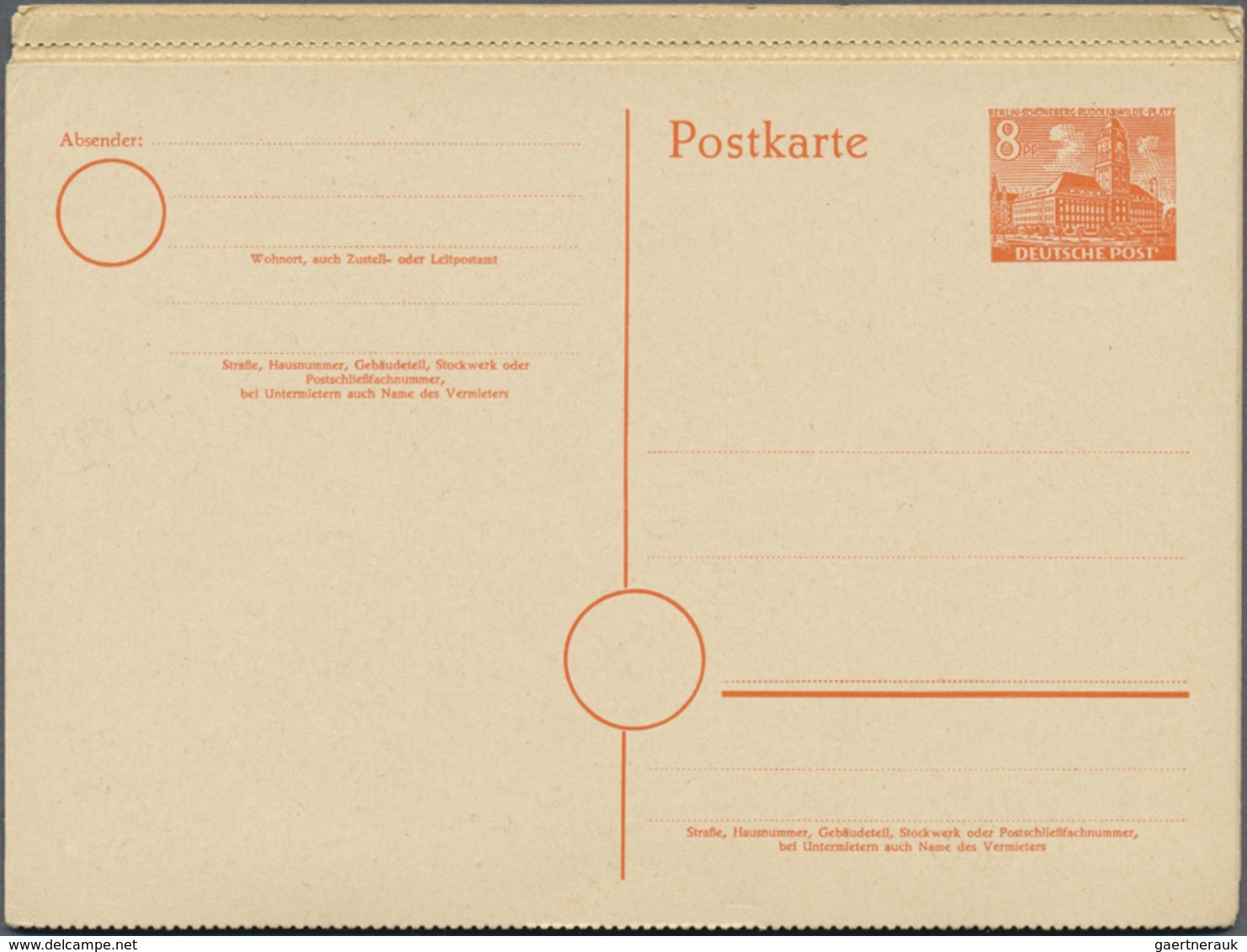 GA Berlin - Ganzsachen: 1952. Postkarte 8 Pf Rotorange Rathaus Im Gezähnten, Senkrechten 8er-Streifen M - Autres & Non Classés