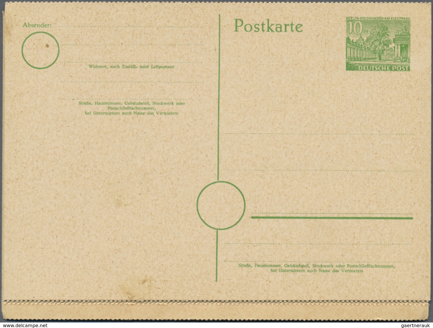 GA Berlin - Ganzsachen: 1952. Postkarte 10 Pf Grün Kolonnaden Im Gezähnten, Senkrechten 8er-Streifen Mi - Sonstige & Ohne Zuordnung