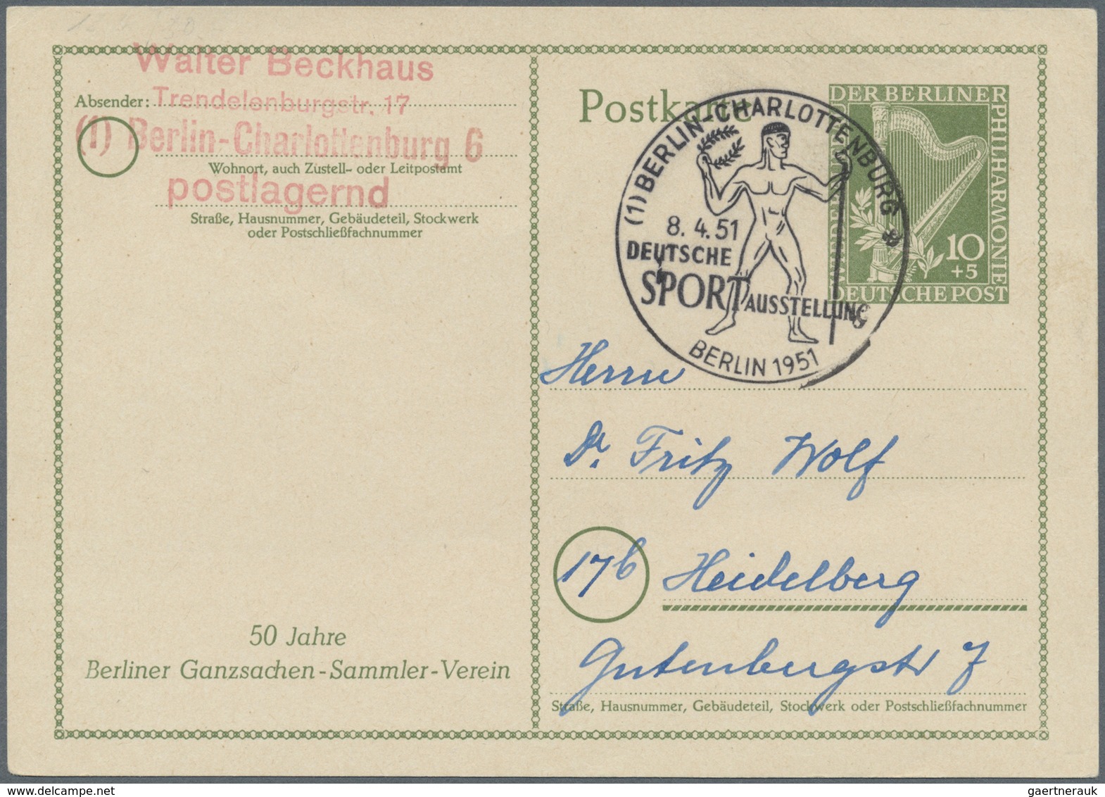 GA Berlin - Ganzsachen: 1951, Postkarte 10 Pf Philharmonie, Bedarfsgebraucht Mit Berliner SST Nach Heid - Altri & Non Classificati