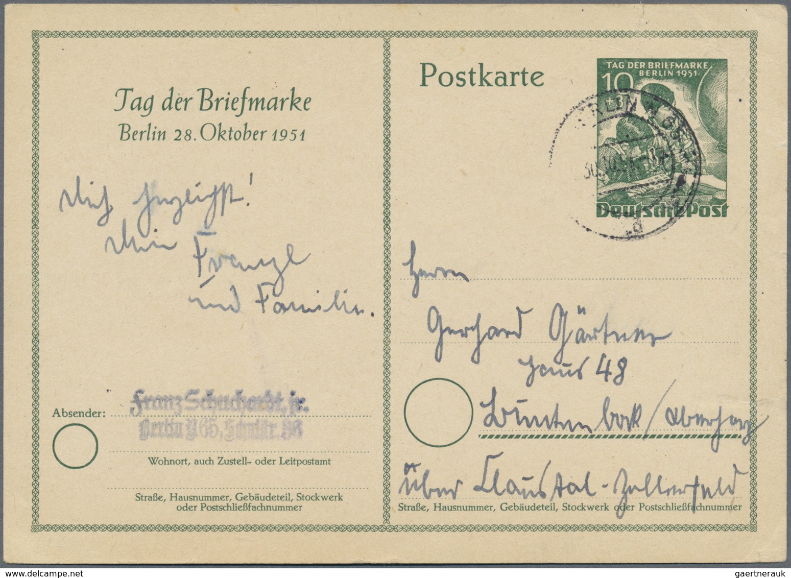GA Berlin - Ganzsachen: 1951: Tag Der Briefmarke 1951, Sonderpostkarte 10 + 3 Pf. Bedarfsgebraucht Ab B - Sonstige & Ohne Zuordnung