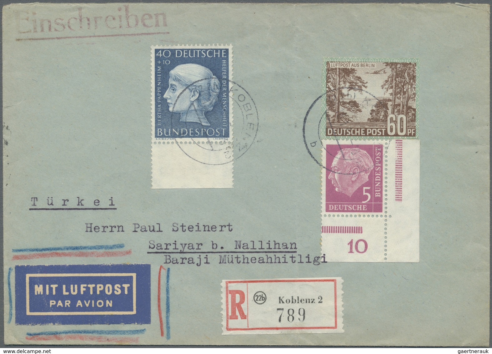 Br Berlin - Ganzsachen: 1955: Luftpostbrief Europa Mit Einschreiben Tarif III – 40 + 15 LP, 50 R – Mit - Altri & Non Classificati
