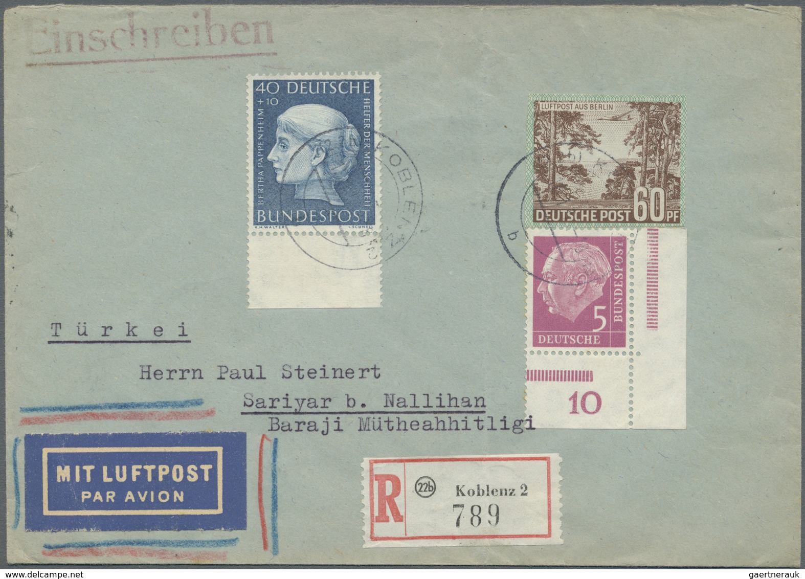 Br Berlin - Ganzsachen: 1955: Luftpostbrief Europa Mit Einschreiben Tarif III – 40 + 15 LP, 50 R – Mit - Autres & Non Classés