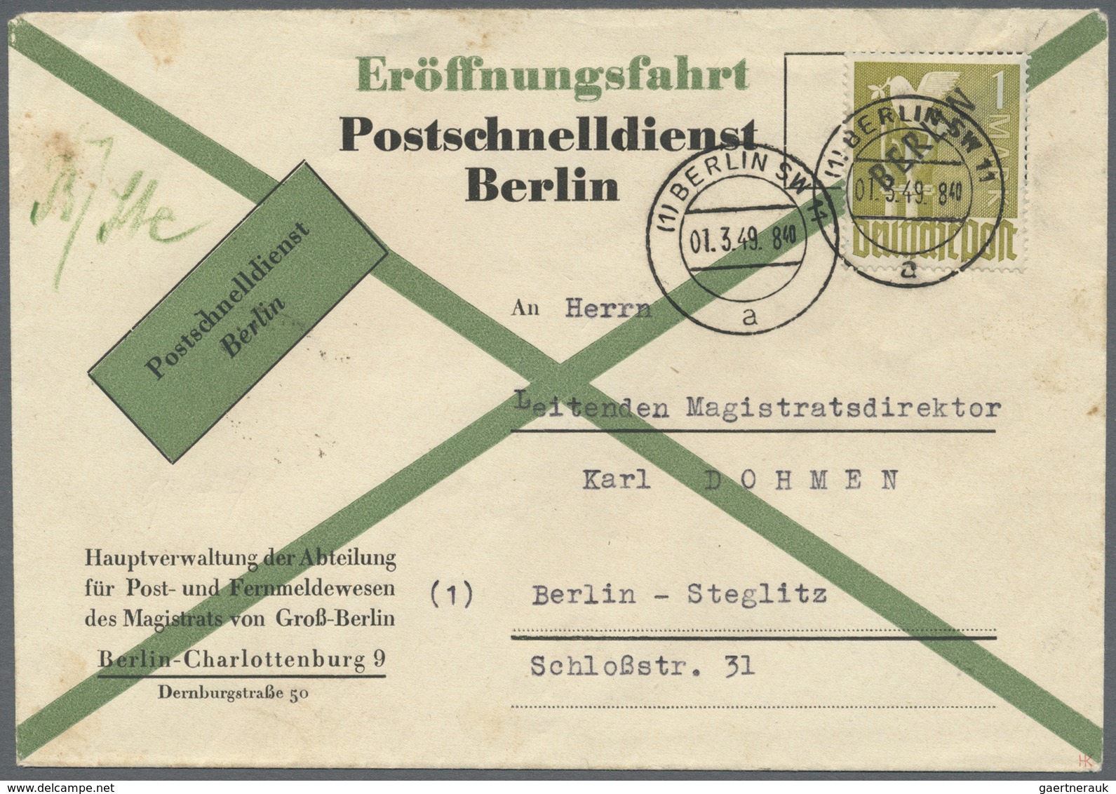 Br Berlin - Postschnelldienst: 1949, 1.3.: Amtlicher Umschlag Zur Eröffnung Des Postschnelldienst Mit 1 - Storia Postale