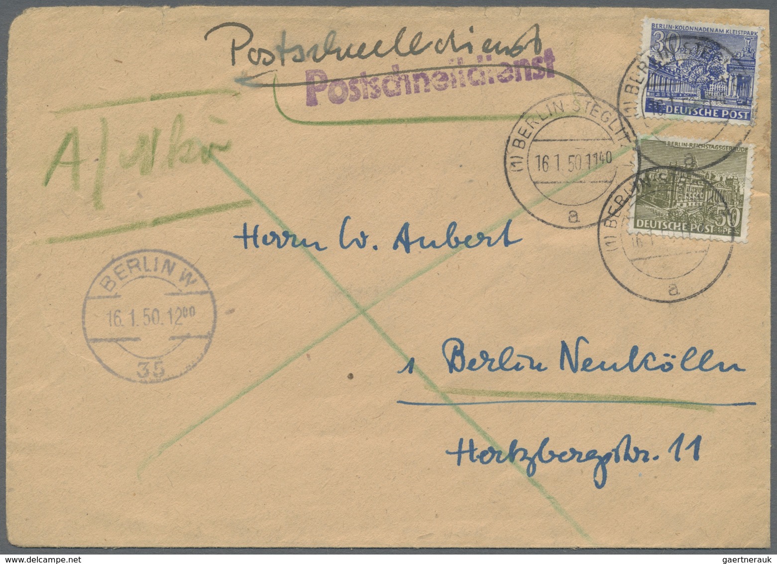 Br Berlin - Postschnelldienst: 1950:  Schnelldienstbrief Mit 30 Und 50 Pfennig Bauten Ab Berlin-Steglit - Lettres & Documents