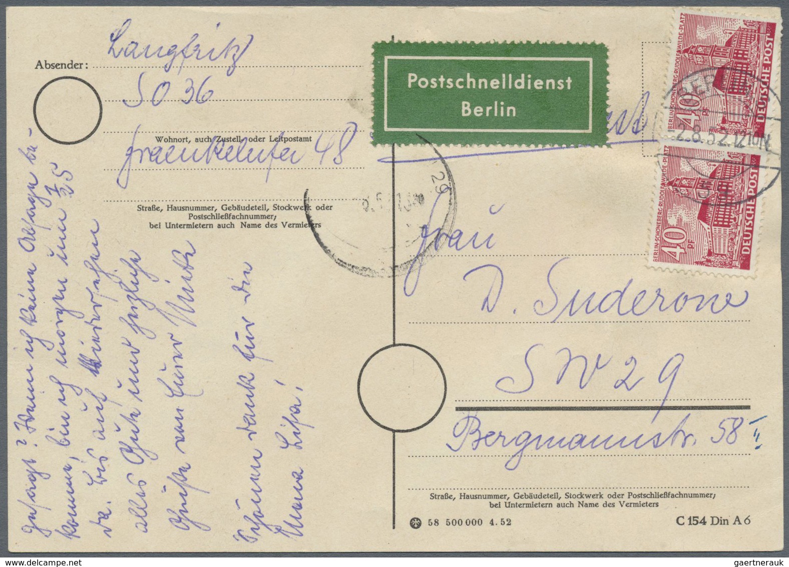 Br Berlin - Postschnelldienst: 1949, 40 Pfg. Bauten Im Waagerechten Paar (leichte Randklebung) Als Port - Lettres & Documents