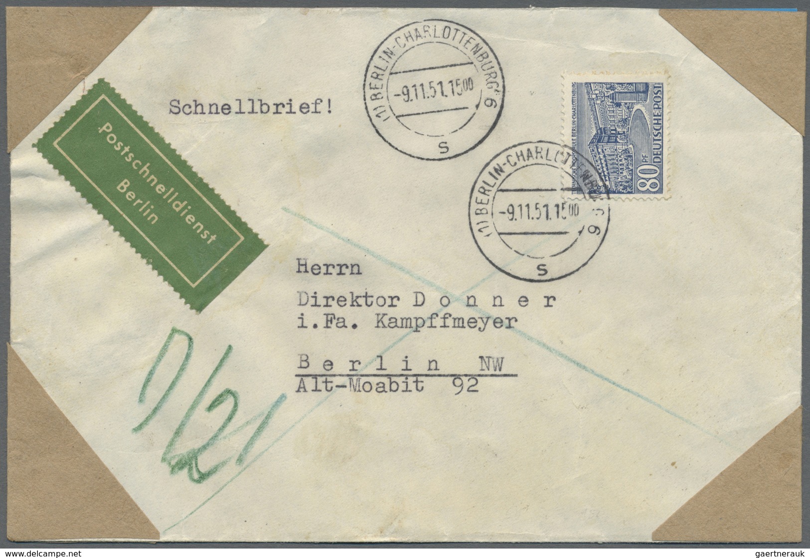 Br Berlin - Postschnelldienst: 1951:  Schnelldienstbrief 80 Pfennig Mit 2 X 40 Pfennig Bauten Ab Berlin - Briefe U. Dokumente