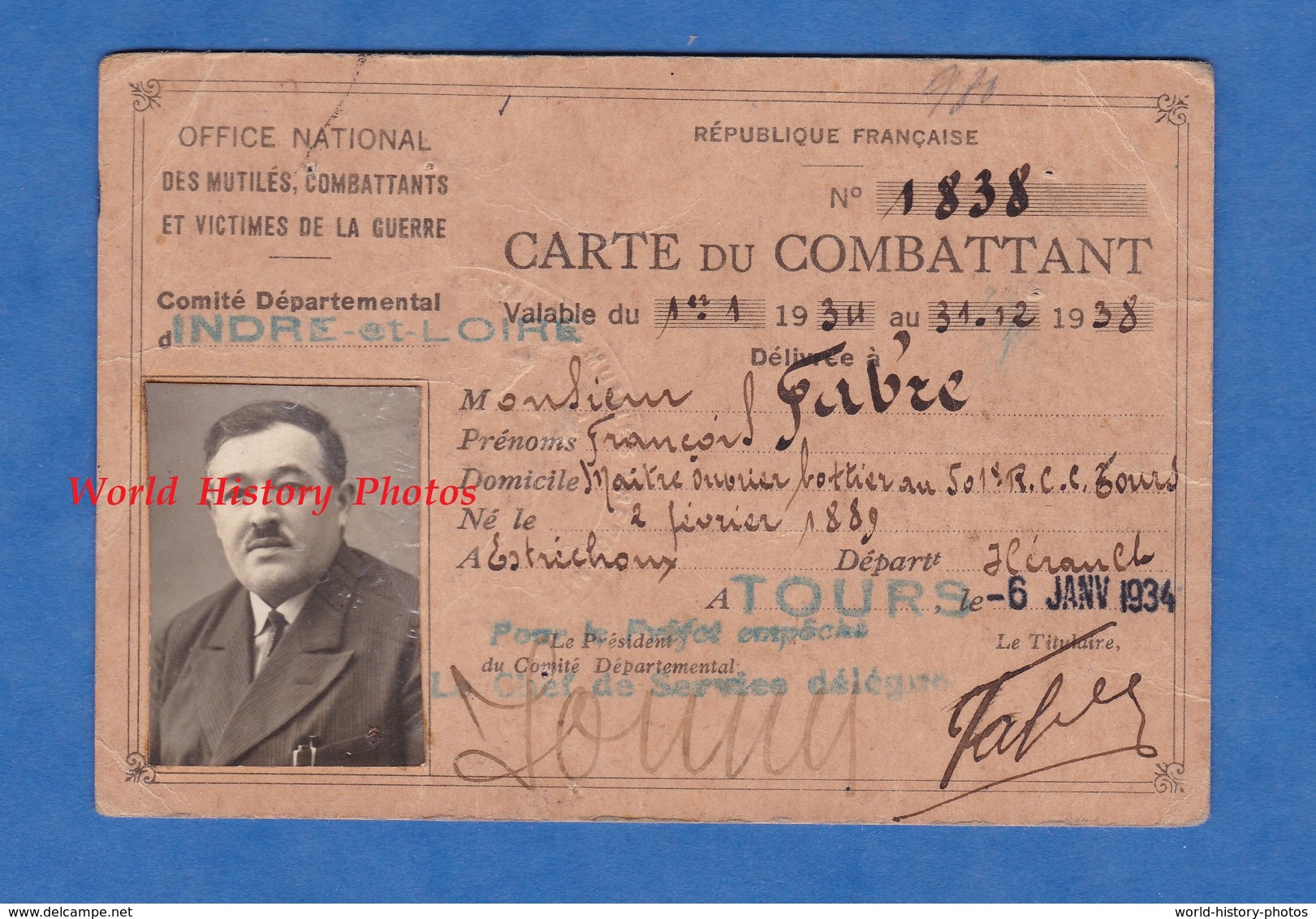 Carte Du Combattant De 1934 - François FABRE Maître Bottier Au 501e Régiment De Char De Combat - Né à Estréchoux - Documents Historiques