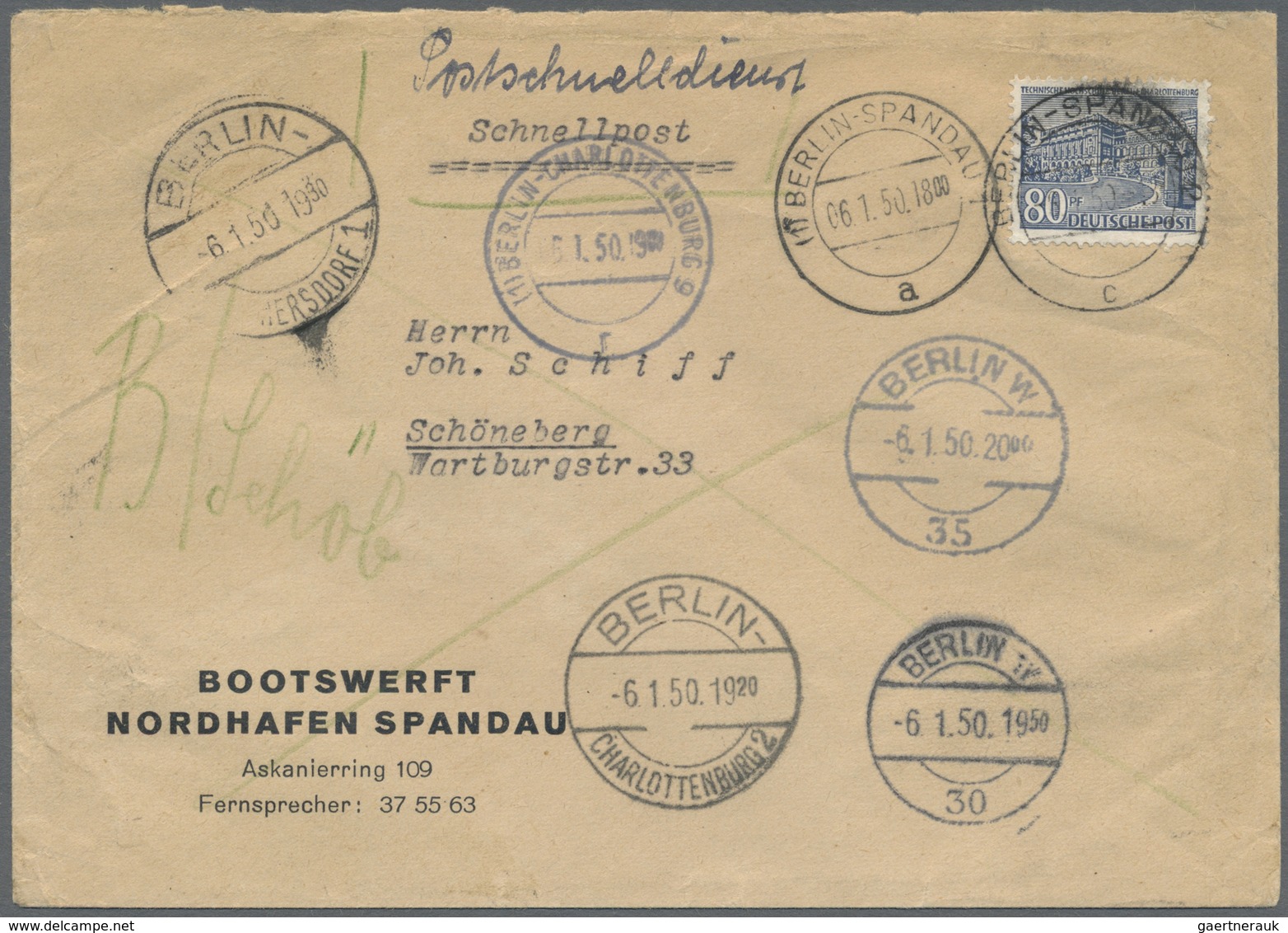 Br Berlin - Postschnelldienst: 1950: Schnelldienstbrief 80 Pfennig Bauten EF Ab Zweigpostamt Berlin-Spa - Briefe U. Dokumente