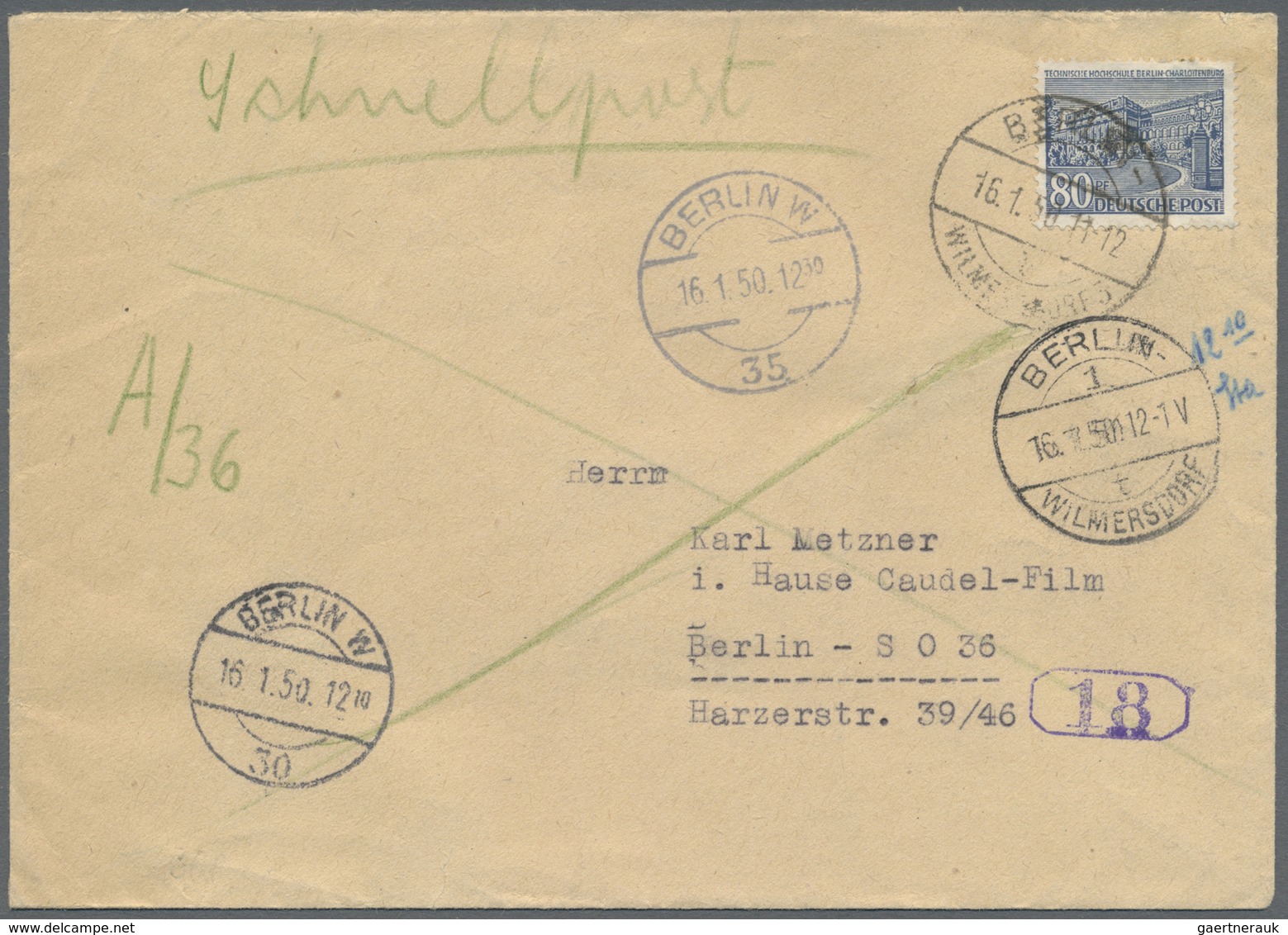 Br Berlin - Postschnelldienst: 1950: Schnelldienstbrief 80 Pfennig Bauten EF Ab Zweigpostamt Berlin-Spa - Briefe U. Dokumente
