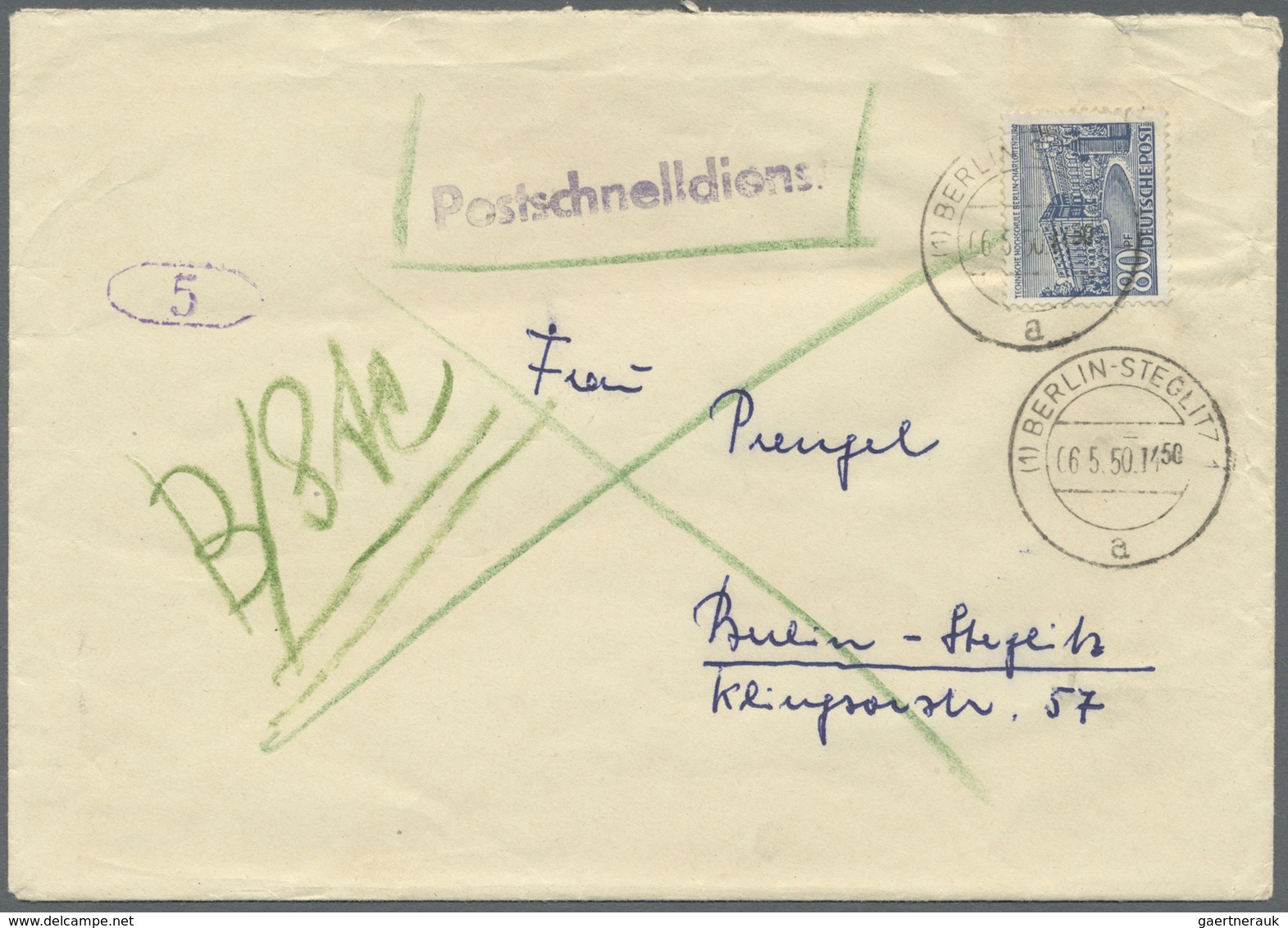 Br Berlin - Postschnelldienst: 1950:  Schnelldienstbrief 80 Pfennig Bauten Als EF Berlin-Steglitz 1 6.5 - Storia Postale