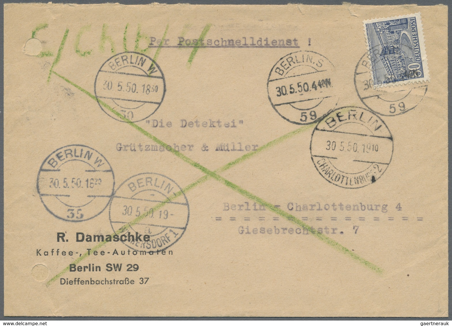 Br Berlin - Postschnelldienst: 1950:  Schnelldienstbrief 80 Pfennig Bauten Als EF Berlin-Steglitz 1 6.5 - Briefe U. Dokumente