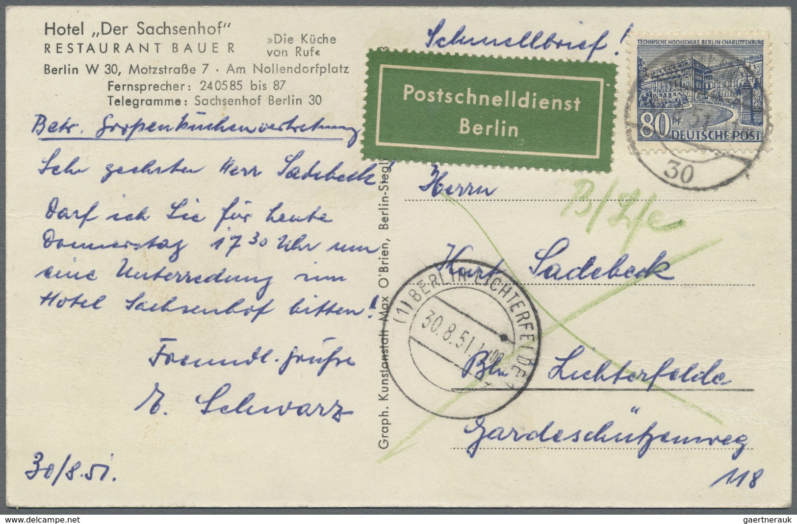 Br Berlin - Postschnelldienst: 1951: Schnelldienstbrief 80 Pfennig Bauten I Als EF Ab W 15 4.9.51 11.00 - Storia Postale