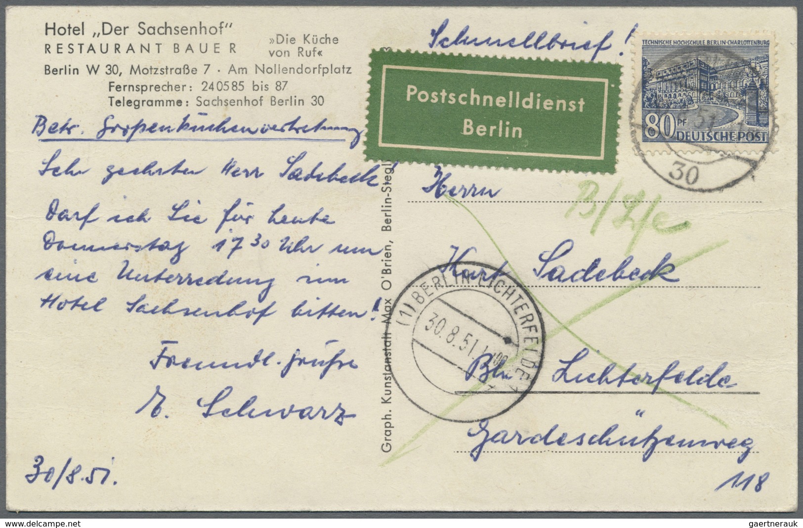 Br Berlin - Postschnelldienst: 1951: Schnelldienstbrief 80 Pfennig Bauten I Als EF Ab W 15 4.9.51 11.00 - Lettres & Documents