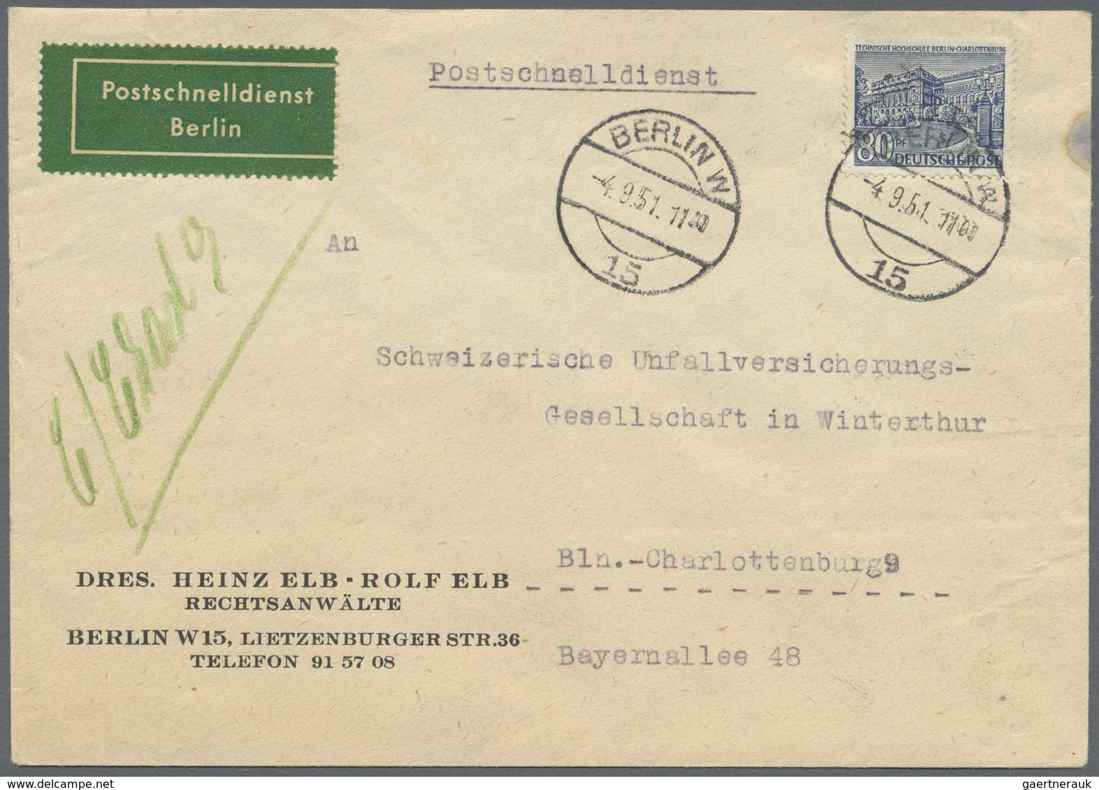 Br Berlin - Postschnelldienst: 1951: Schnelldienstbrief 80 Pfennig Bauten I Als EF Ab W 15 4.9.51 11.00 - Lettres & Documents