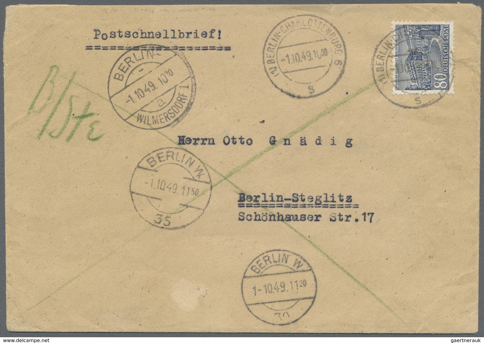 Br Berlin - Postschnelldienst: 1949/53:  Kleiner Posten von vier Schnelldienstbriefen, alle mit 80 Pfen