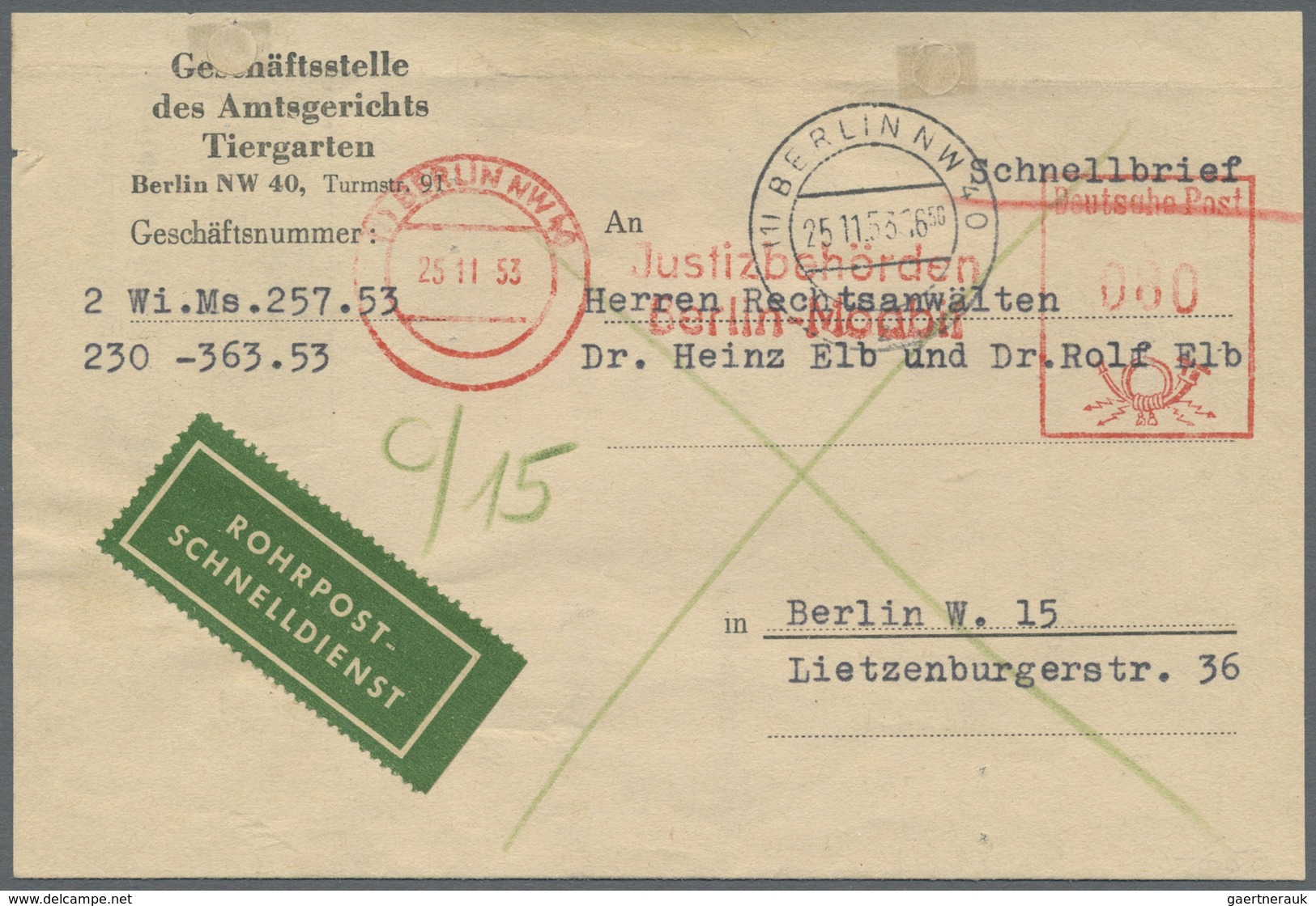 Br Berlin - Postschnelldienst: 1952/1953: Faltbrief Amtsgericht Tiergarten Als Schnelldienst Mit Absend - Storia Postale