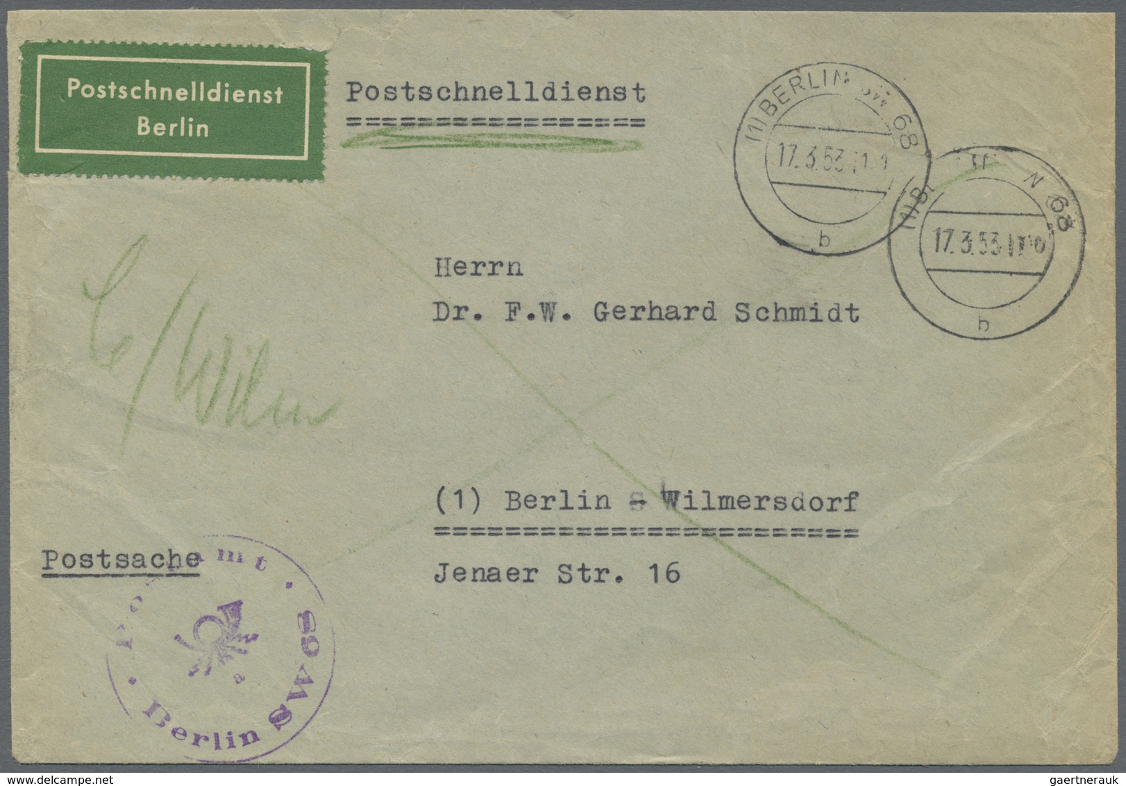 Br Berlin - Postschnelldienst: 1953: Umschlag Postsache, Gebührenfrei Als Schnelldienst, Absender Posta - Lettres & Documents