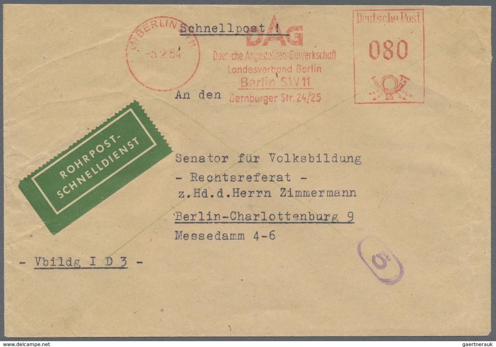 Br Berlin - Postschnelldienst: 1954: Schnelldienstbrief Mit Absender-Freistempel =080= DAG Deutsche Ang - Storia Postale