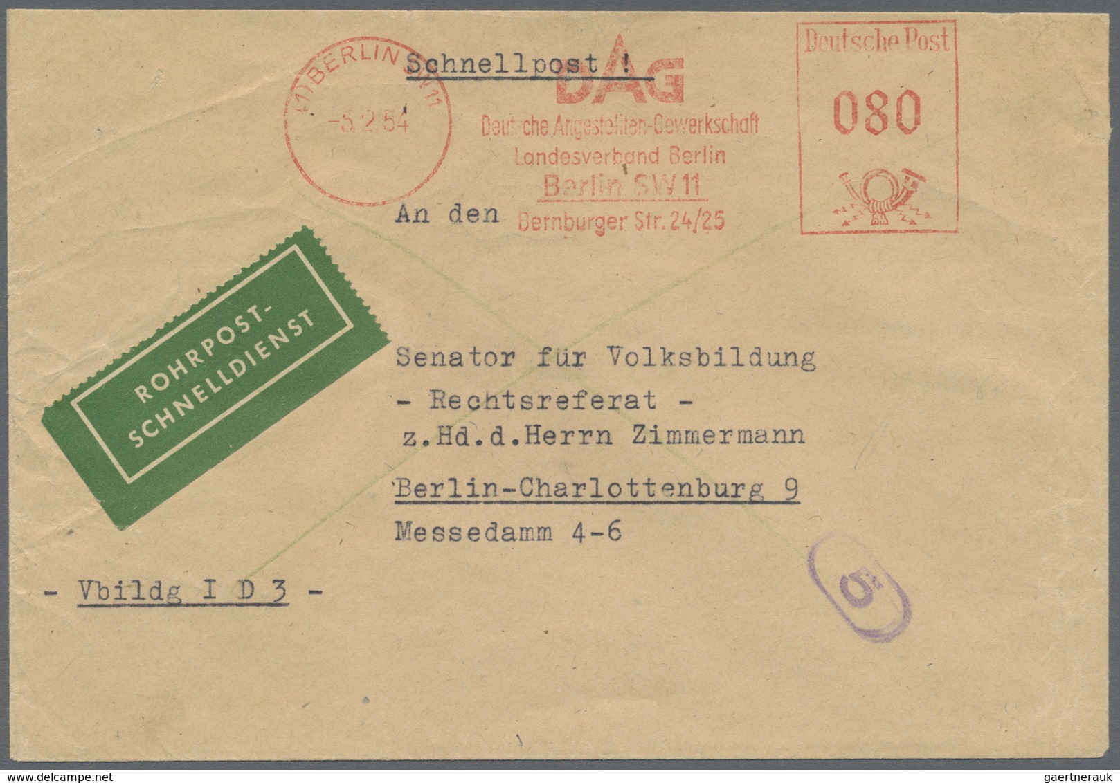 Br Berlin - Postschnelldienst: 1954: Schnelldienstbrief Mit Absender-Freistempel =080= DAG Deutsche Ang - Lettres & Documents