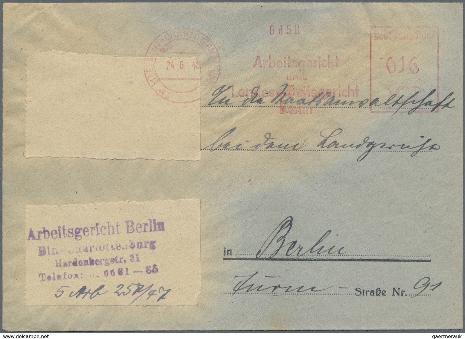 Br Berlin - Besonderheiten: 1948, 16 Pfg. Absenderfreistempel Vom Arbeits- Und Landgericht Aus "BERLIN- - Altri & Non Classificati