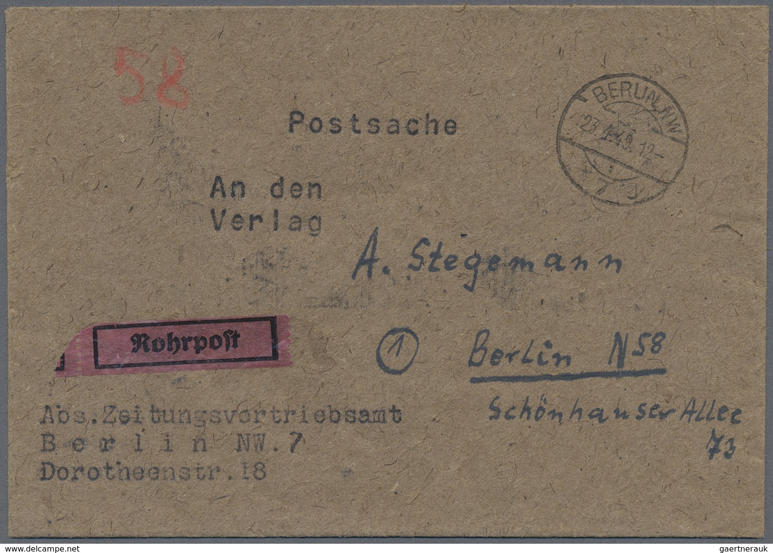 Br Berlin - Besonderheiten: 1949: Umschlag POSTSACHE Zeitungsvertriebsamt Berlin NW 7 Dorotheenstr. Mit - Andere & Zonder Classificatie