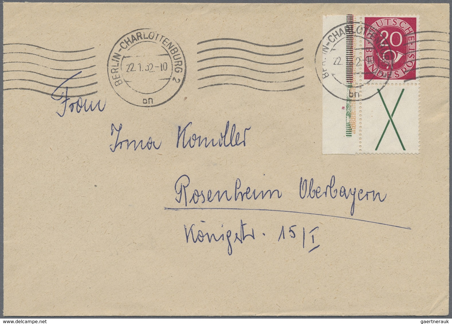 Br Berlin - Besonderheiten: 1952: Fernbrief Mit Bund Posthorn Zusammendruck Senkrecht S 5 – 20 Pf. Und - Autres & Non Classés