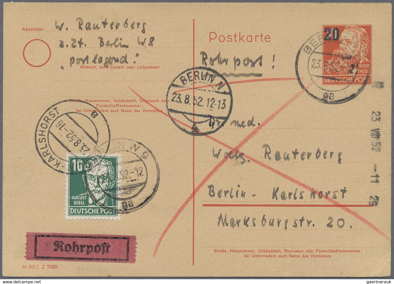 GA Berlin - Besonderheiten: 1952: Ganzsache 20 Pf. Auf 30 Pf. Köpfe Mit Zusatzfrankatur 10 Pf. Köpfe Al - Altri & Non Classificati