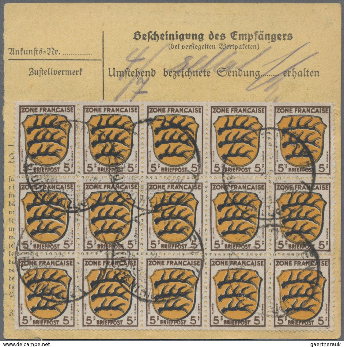 Br Französische Zone - Allgemeine Ausgabe: 1946, 5 Pf Wappen, 18 Stück Als Massen-MeF Auf Paketkarte Vo - Autres & Non Classés