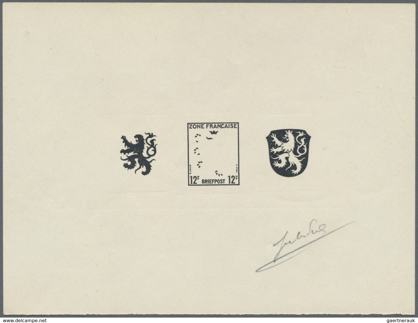 (*) Französische Zone - Allgemeine Ausgabe: 1945, 12 Pfg. Wappen, Schwarzer Abzug Der Drei Seberaten Urs - Autres & Non Classés