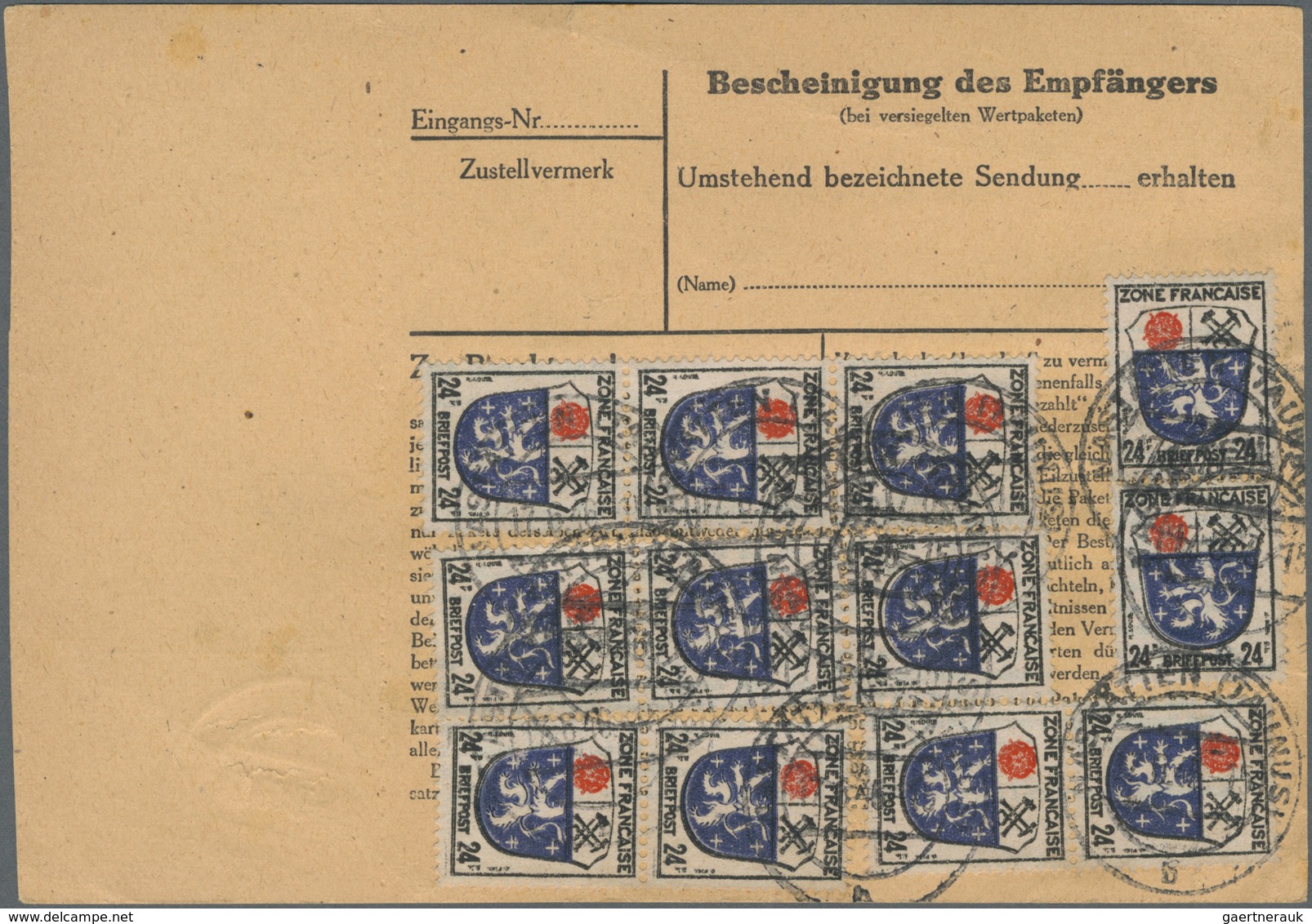 Br Französische Zone - Allgemeine Ausgabe: 1945, 24 Pf Wappen, 3 Versch. Paketkarten Mit Reinen Mehrfac - Autres & Non Classés