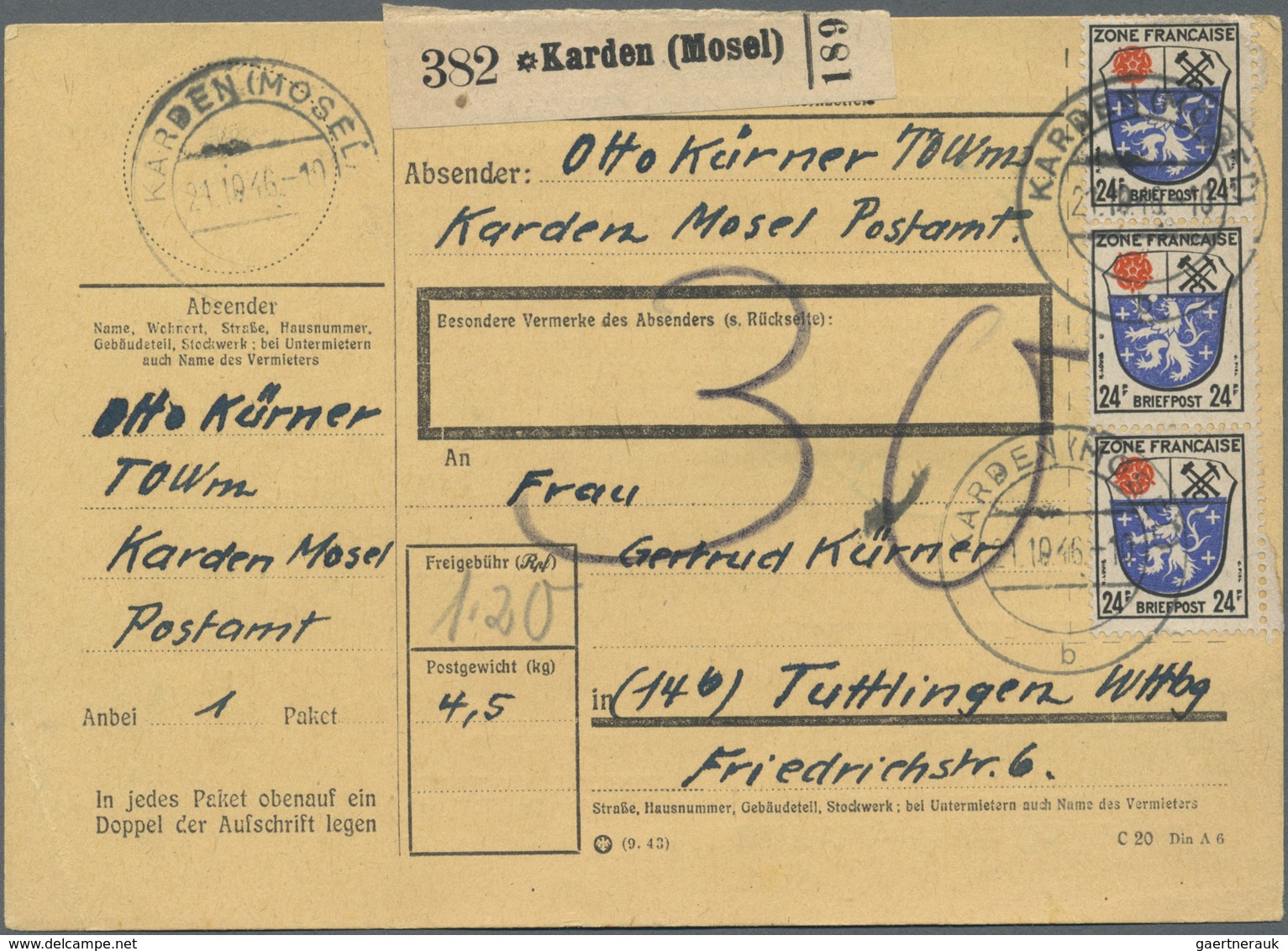 Br Französische Zone - Allgemeine Ausgabe: 1945, 24 Pf Wappen, 3 Versch. Paketkarten Mit Reinen Mehrfac - Altri & Non Classificati