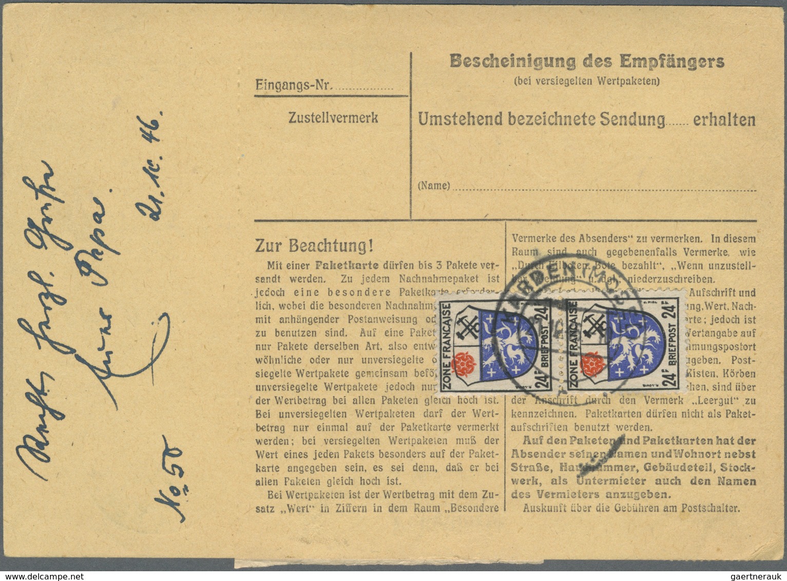 Br Französische Zone - Allgemeine Ausgabe: 1945, 24 Pf Wappen, 3 Versch. Paketkarten Mit Reinen Mehrfac - Autres & Non Classés